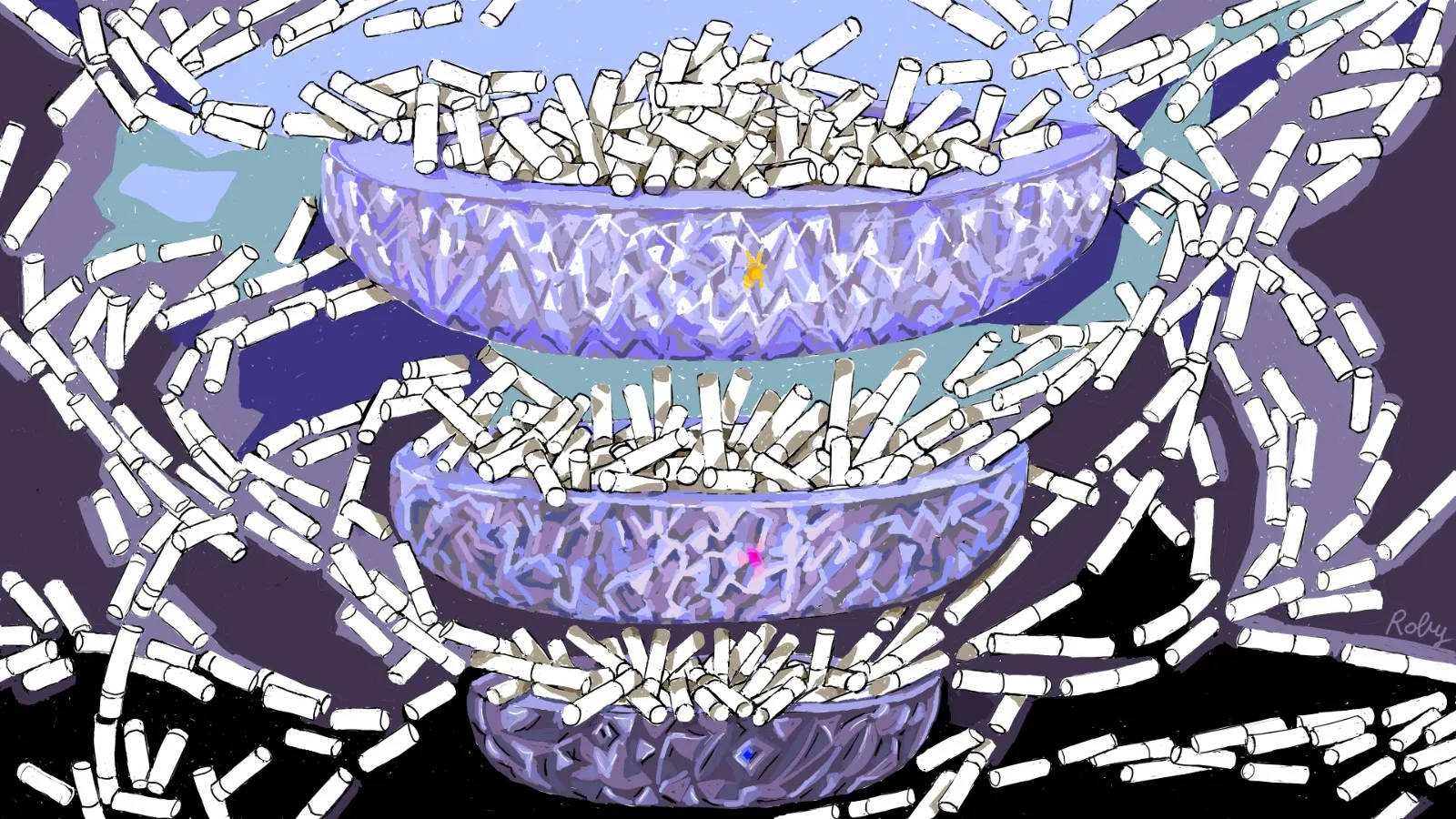 It's the dance of the cig butts that rise from the ashtrays and are whirled by the wind in a way that recalls the swirls and rings of smoke. There is no violence, everything is gentle.
The ashtrays are superimposed one upon another to signify that time is passing (as used in physics for the time coordinate), which is shown by the progressively greater number of cigs but also by the expansion of the universe of butts.

Edition 1/1 of an original artwork by Siapou.

Created on CSP, 2021. 3840x2160 pixels, 300dpi. 