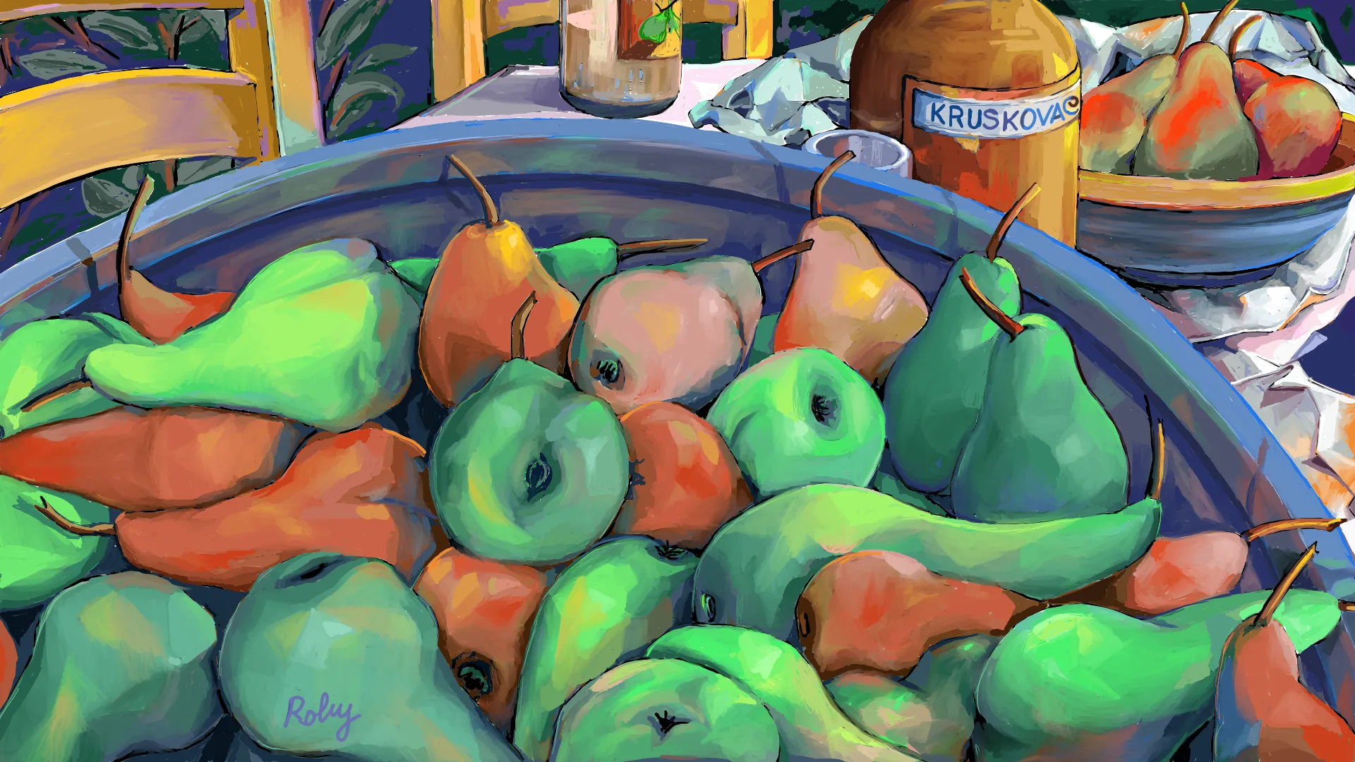 The pears are placed in a mundane blue plastic container, on which their colors are reflected. They are all made in pieces of color, in fairly regular flat figures, and at the same time they are fluid and soft as if they were made of Play-Doh, which is paradoxical since Cubism tends to harden rather than soften the figures. The color management is done in such a way that the eye is always on the move, shifting from the pears to the chairs, whose color is in turn recalled by the bottles of Croatian pear liqueur "Kruskovac." Everything is designed in such a way as to draw the eye from one side of the artwork to the other, thus creating a kind of sense of movement in what at a first glance would seem through and through a static representation.

1/1 Edition Nft of a digital artwork by Siapou, 2021.