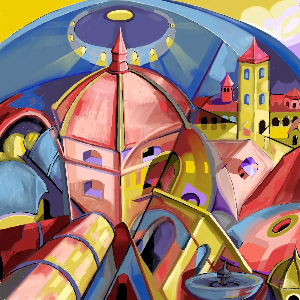 Neo-Cubist landscape containing a variety of cupolas, each building is dominated by the interior of the main dome, which is proposed both from the inside and the outside. The landscape has been disassembled and then reassembled through a personal cubism. The sky is golden, just as it can often be found in the paintings of artists at the time of the painter Giotto.
The colour scheme is played out between blues and reds, interspersed with purples and their complementary (yellows). There are modern domes ranging from hangar to antique cupolas, as well as tunnel domes. The fountain is also an inverted cupola.

Edition 1/1 of an original Artwork by Siapou.

Created on CSP, 1000x1000 pixels, 300 dpi.