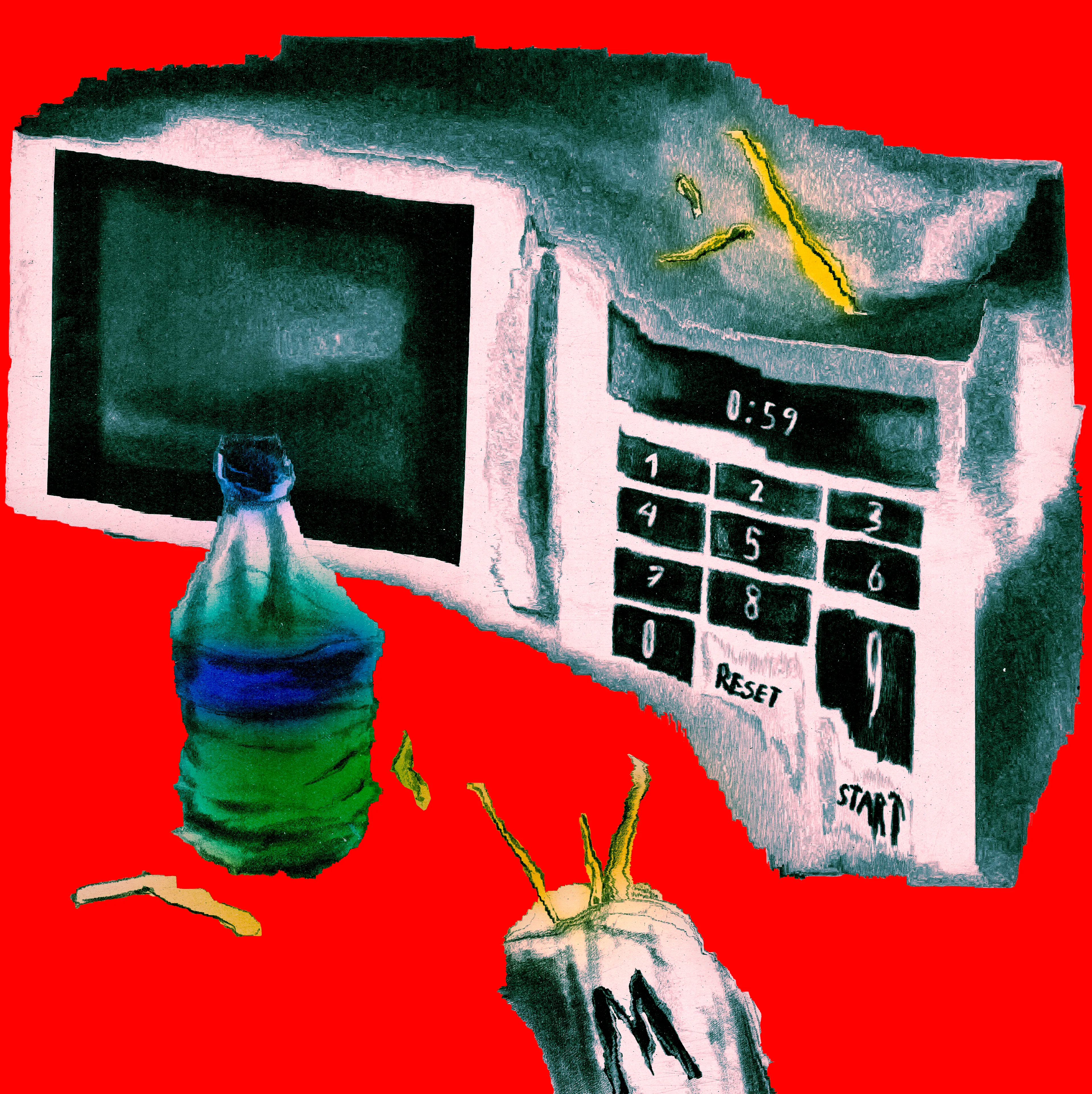 the microwave keeps on beeping. it has been 20 minutes. that is my 3rd drink. the fries are soggy but good.

a play of distortion with digital illustration and collage.