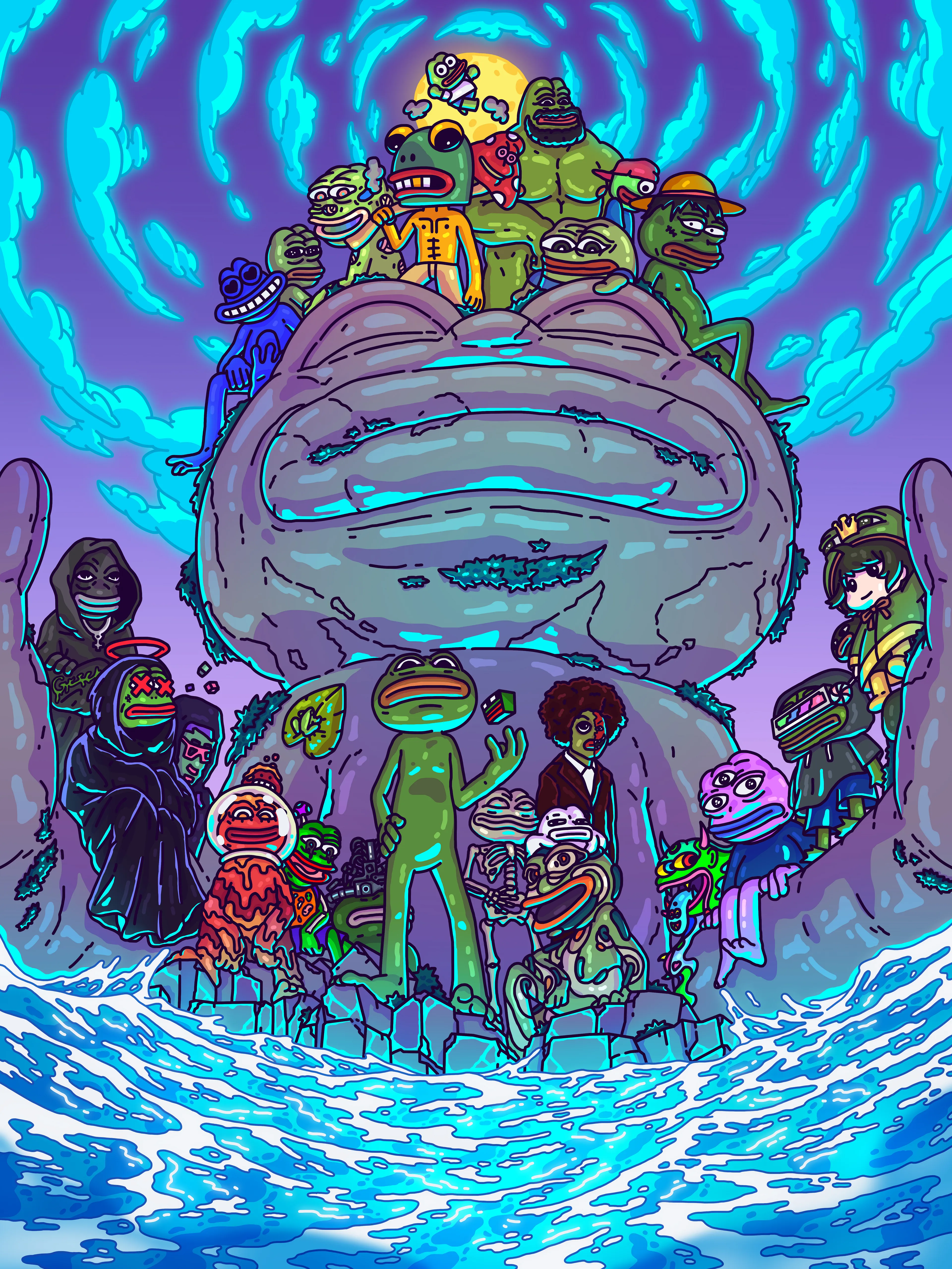 We met in the middle of the sea under the purple sky.  
Inspired by Pepe masters in the NFT space.