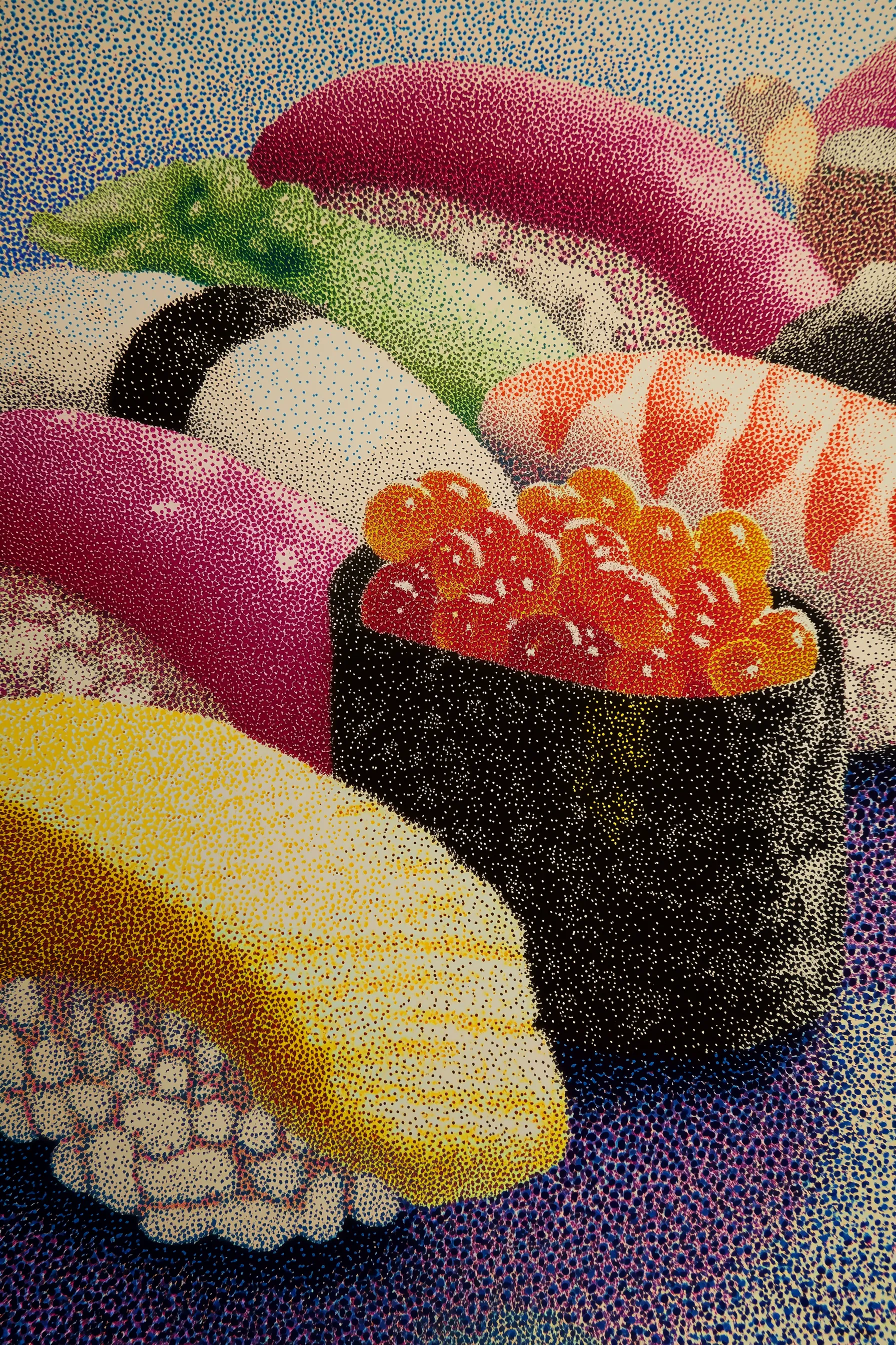 NeoNigiri: A Thousand Dots of Flavor is a digital expression of sensory memory and an exercise in light and color. Created using a custom-trained AI model rooted in pointillism, the work reimagines the familiar subject of Japanese Sushi as a vibrant composition made entirely of digitally rendered dots.

The Sushi appears almost photographic at a distance, and refracts into kaleidoscopic abstraction when zoomed in. The image thus connects to multiple aesthetic legacies, both digital and analog: pixels, the tradition of stippling, and classic Ben-Day dots from printed mass media. 

Playfully examining taste, memory, and image through digital reinterpretation, the piece is a sensuous portrait of contemporary consumption: of food, of images, and of algorithms.