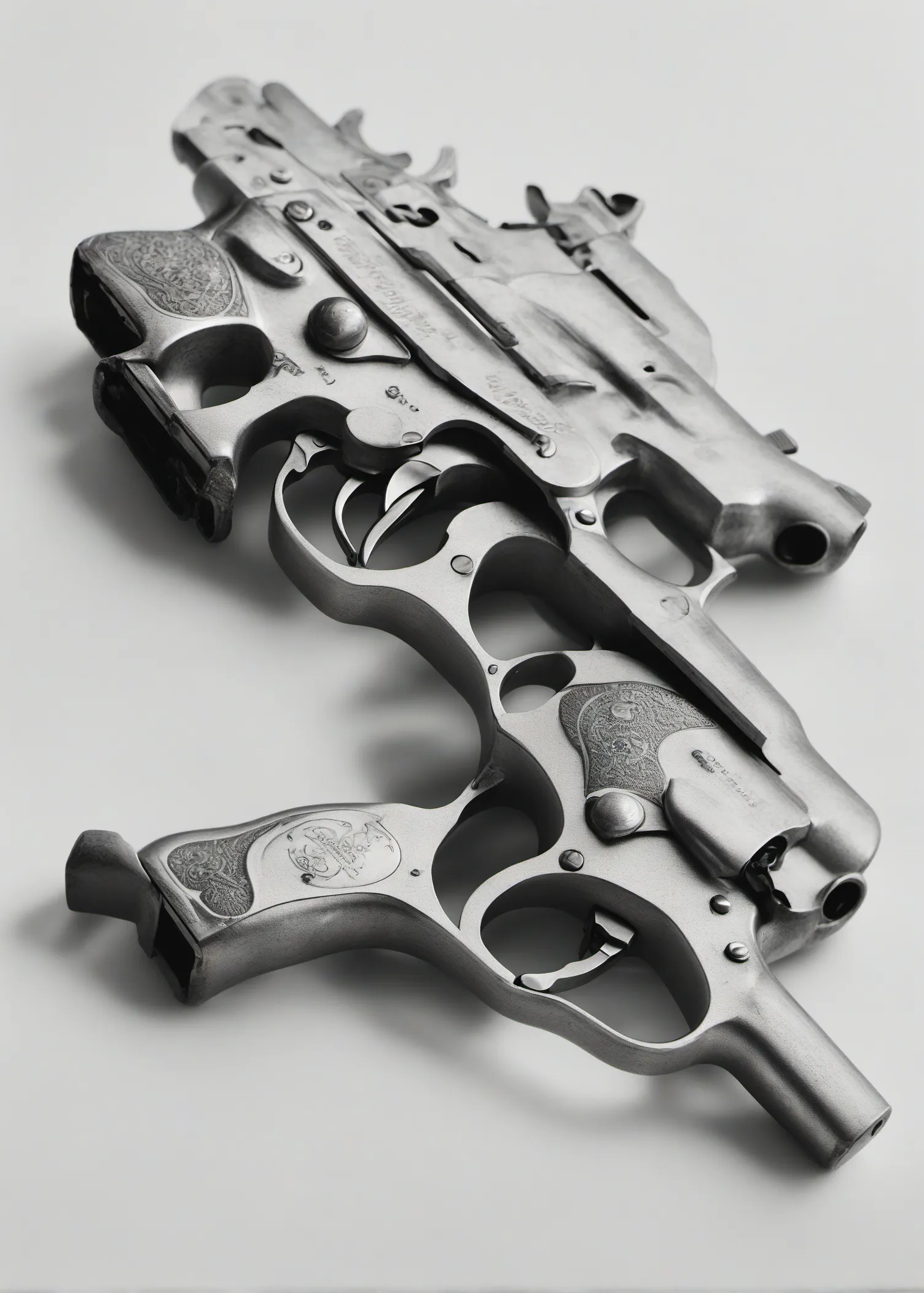 In Mythologies II, Sutton aims his synthetic lens at the physical manifestations of some of our contemporary narratives: patriotism, power, success, desire, beauty, the tools of work and worship. These works are presented without judgement, rather their deconstructive nature exposes the absurdities of our attachment to the material, an invitation to examine our beliefs at a time when humanity is facing so many existential crises.

Handgun
Artist: Barry Sutton