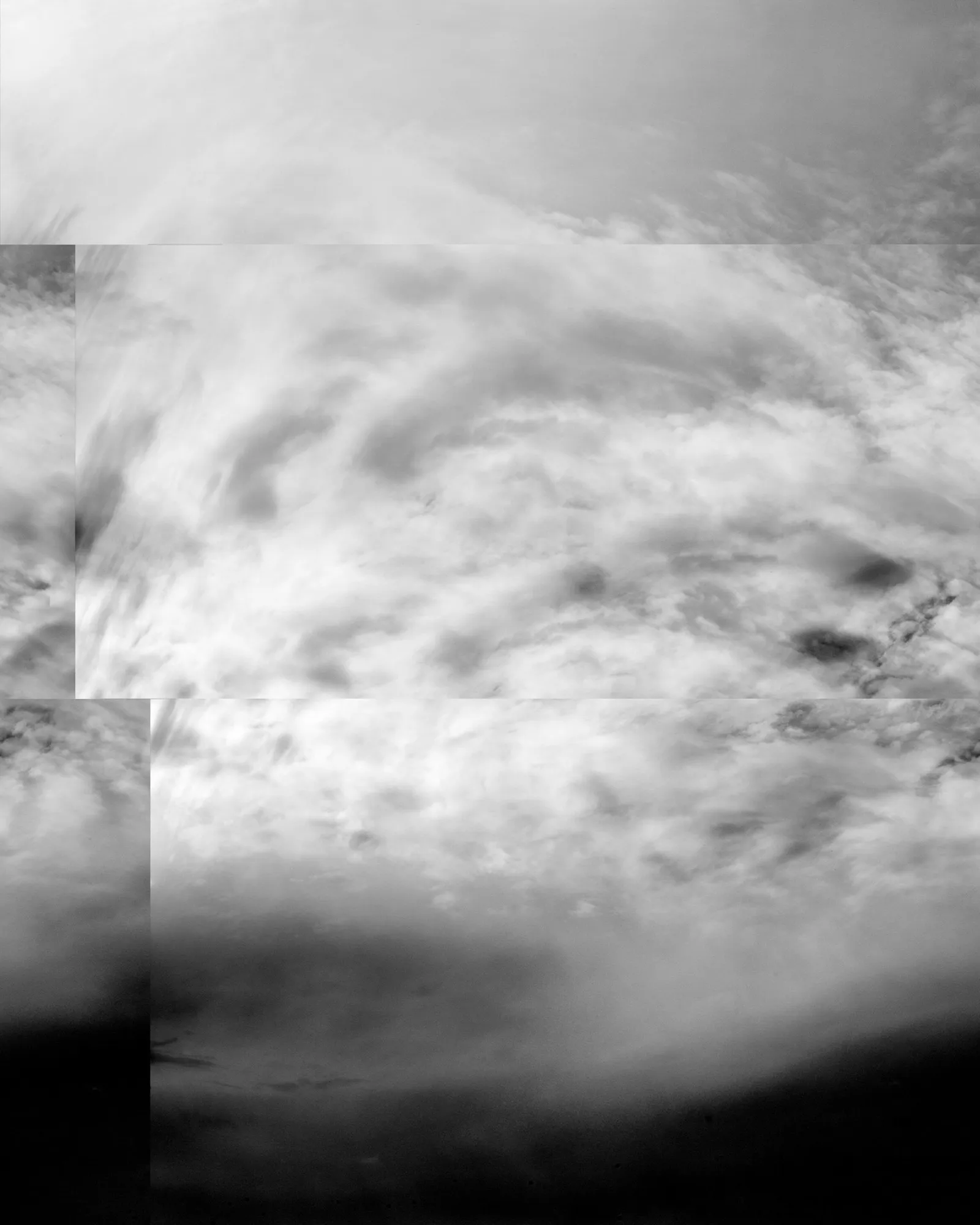 Assembly presents */CLOUD/* by Barry Stone, a project inspired by Alfred Steiglitz’s, “Equivalents,” a series of iconic cloud studies made from 1922-30. Stieglitz’s pictures were not intended to describe the material nature of clouds, but rather express the artist’s inner emotional state. 100 years after Steiglitz, Stone’s photographs were taken with a digital camera and manipulated by rearranging their code with a hexadecimal editor used by programmers. The resulting chance operations create a new version of each cloud, altered with its own digital “material.” Clouds seen in nature are highly variable ephemeral structures that are shaped and animated by our imaginations. Each photograph presented here continues this cycle of endless possibility, open to the meaning that each viewer brings to the subject.