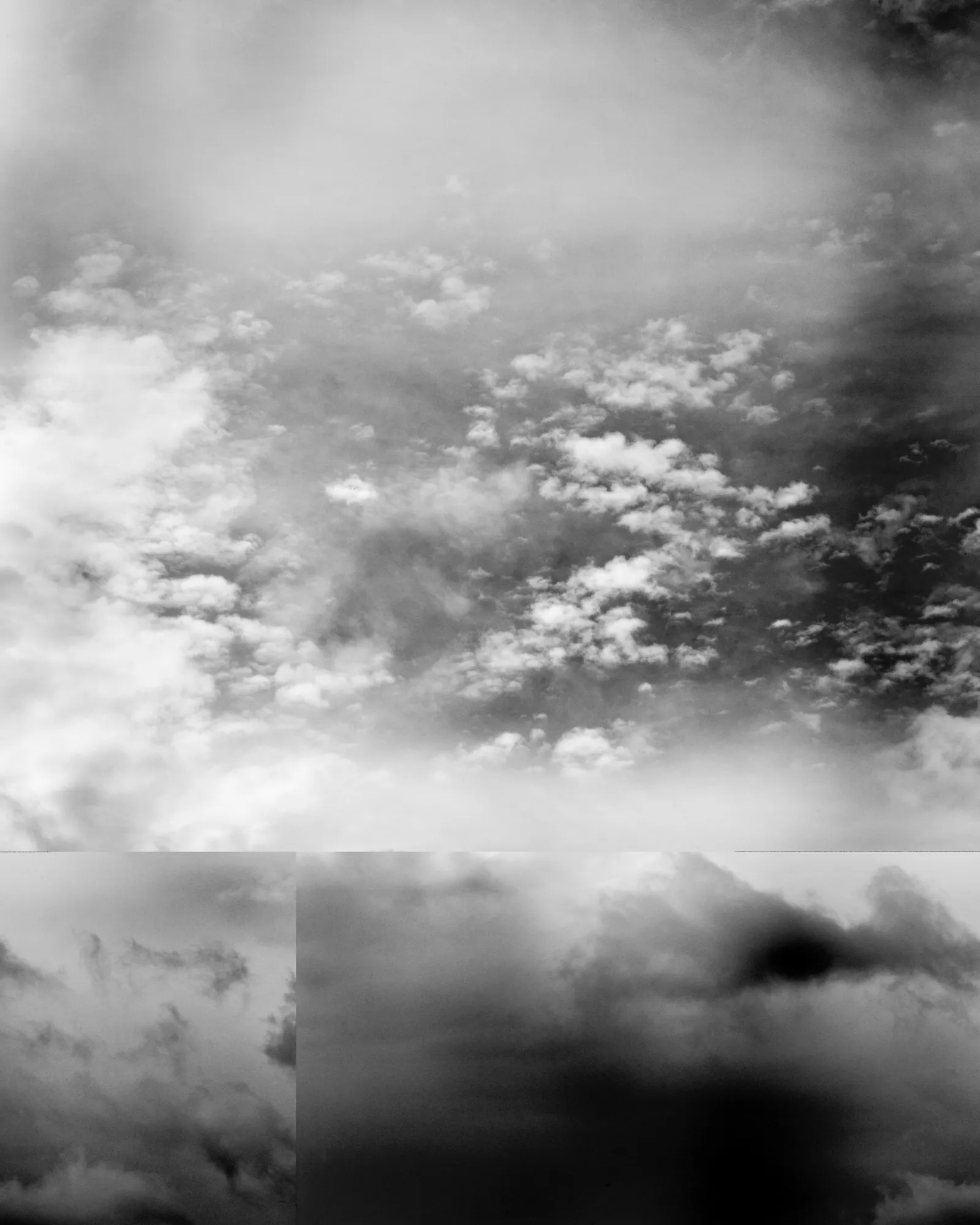 Assembly presents */CLOUD/* by Barry Stone, a project inspired by Alfred Steiglitz’s, “Equivalents,” a series of iconic cloud studies made from 1922-30. Stieglitz’s pictures were not intended to describe the material nature of clouds, but rather express the artist’s inner emotional state. 100 years after Steiglitz, Stone’s photographs were taken with a digital camera and manipulated by rearranging their code with a hexadecimal editor used by programmers. The resulting chance operations create a new version of each cloud, altered with its own digital “material.” Clouds seen in nature are highly variable ephemeral structures that are shaped and animated by our imaginations. Each photograph presented here continues this cycle of endless possibility, open to the meaning that each viewer brings to the subject.