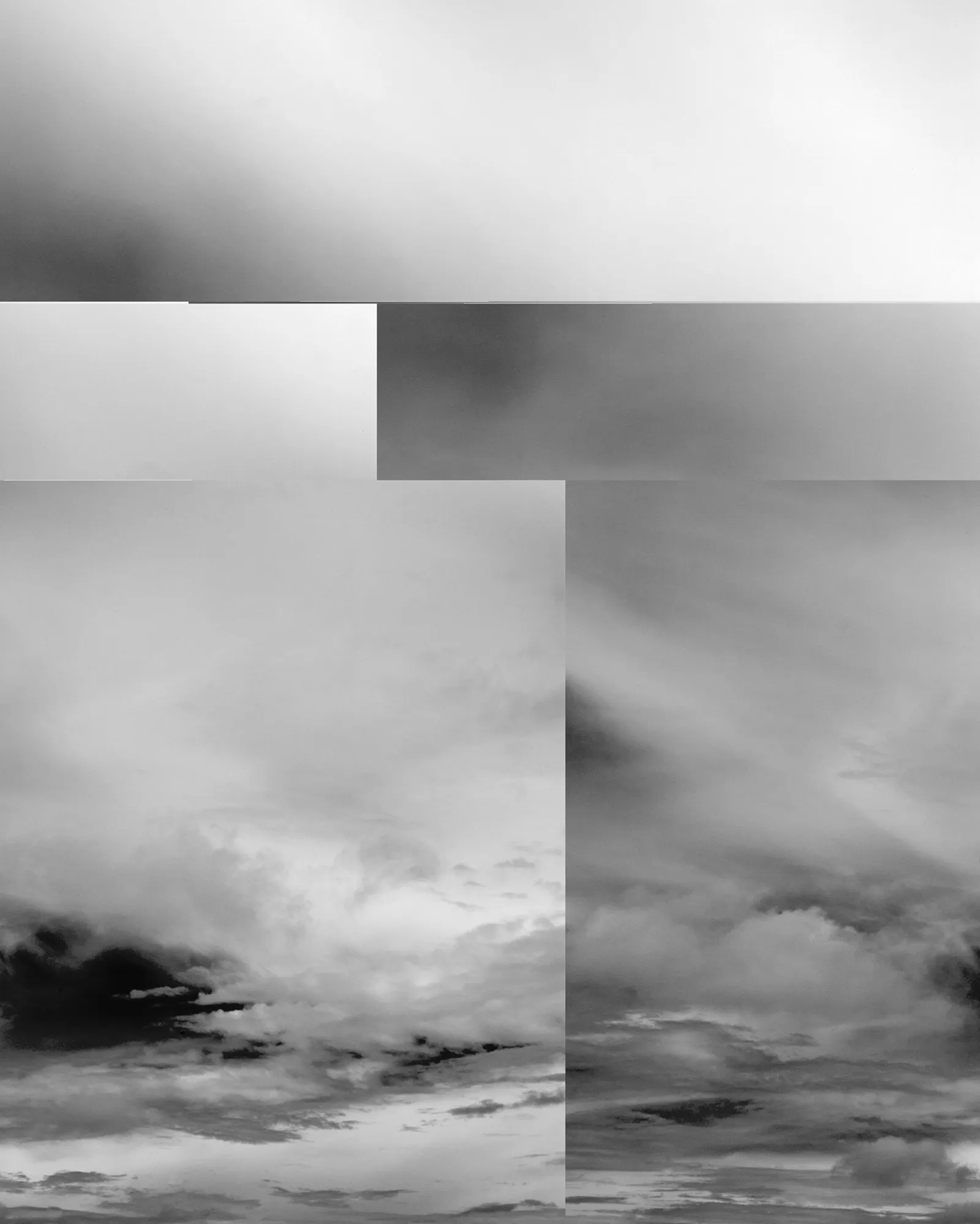 Assembly presents */CLOUD/* by Barry Stone, a project inspired by Alfred Steiglitz’s, “Equivalents,” a series of iconic cloud studies made from 1922-30. Stieglitz’s pictures were not intended to describe the material nature of clouds, but rather express the artist’s inner emotional state. 100 years after Steiglitz, Stone’s photographs were taken with a digital camera and manipulated by rearranging their code with a hexadecimal editor used by programmers. The resulting chance operations create a new version of each cloud, altered with its own digital “material.” Clouds seen in nature are highly variable ephemeral structures that are shaped and animated by our imaginations. Each photograph presented here continues this cycle of endless possibility, open to the meaning that each viewer brings to the subject.