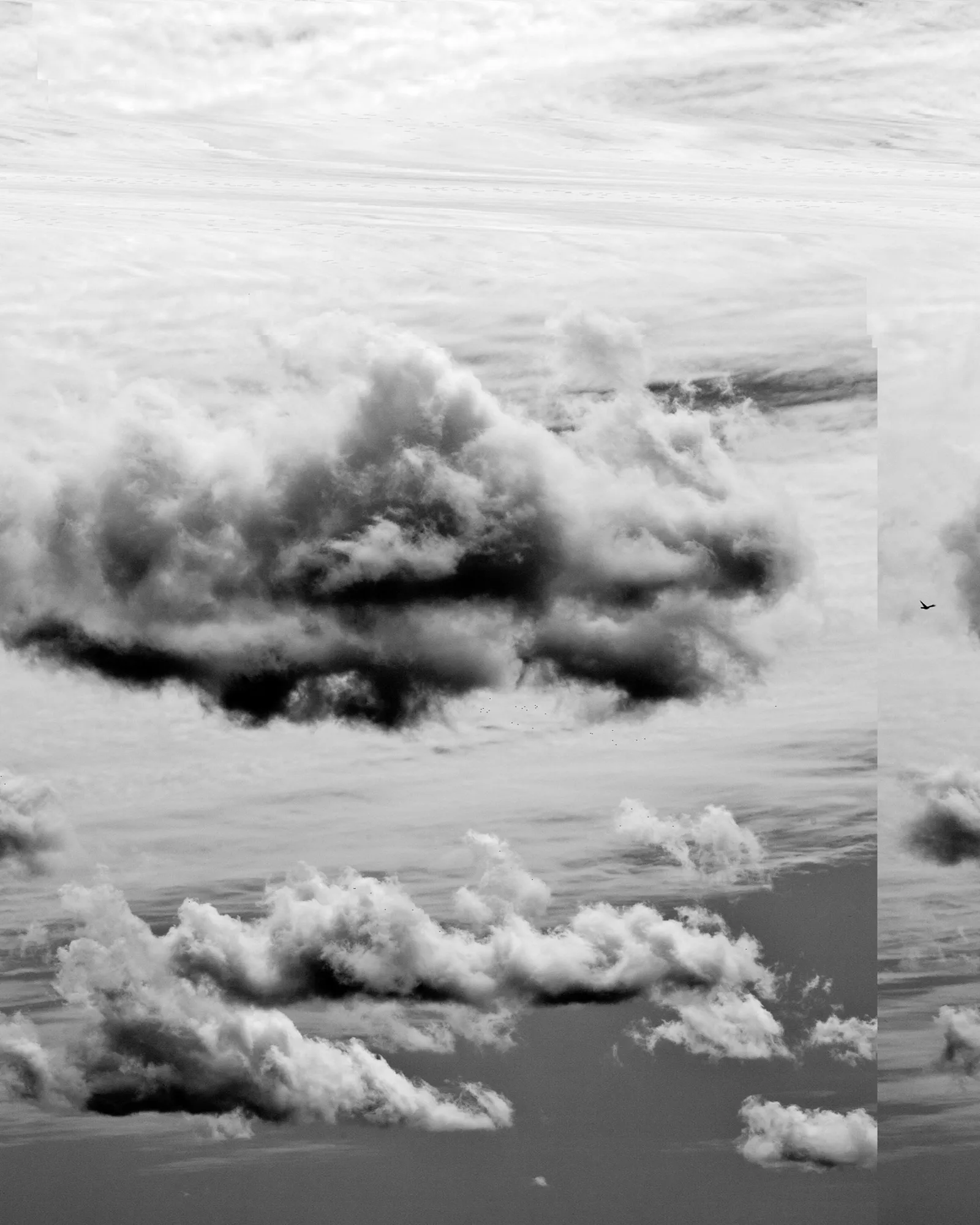 Assembly presents */CLOUD/* by Barry Stone, a project inspired by Alfred Steiglitz’s, “Equivalents,” a series of iconic cloud studies made from 1922-30. Stieglitz’s pictures were not intended to describe the material nature of clouds, but rather express the artist’s inner emotional state. 100 years after Steiglitz, Stone’s photographs were taken with a digital camera and manipulated by rearranging their code with a hexadecimal editor used by programmers. The resulting chance operations create a new version of each cloud, altered with its own digital “material.” Clouds seen in nature are highly variable ephemeral structures that are shaped and animated by our imaginations. Each photograph presented here continues this cycle of endless possibility, open to the meaning that each viewer brings to the subject.