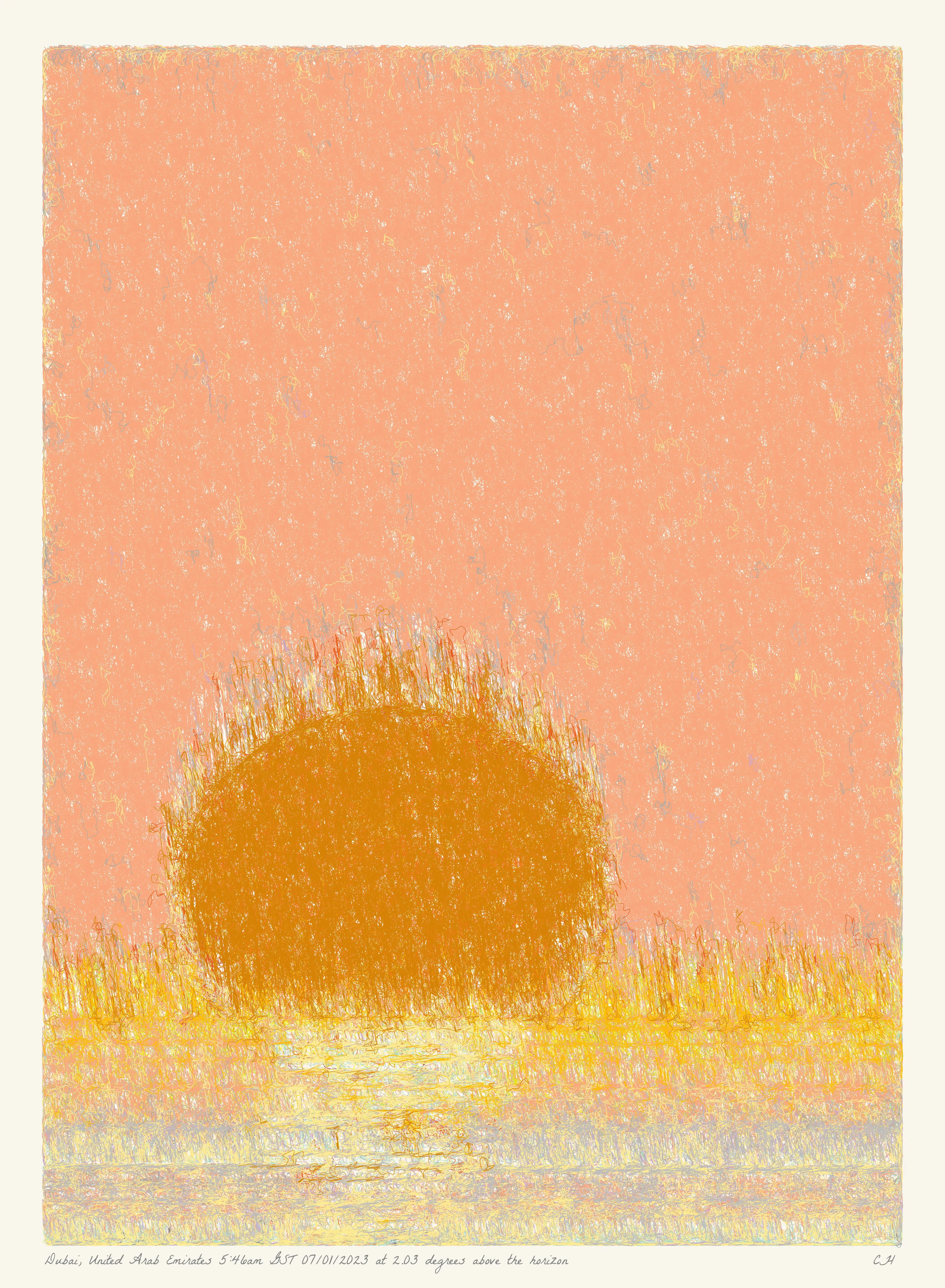 SOL is a collection of 365 generative paintings that captures a precise moment in time, when the sun is rising above the horizon. Each generative output is influenced by real world 2023 astronomical data. Every location, date, time and sunrise angle is unique. This information is recorded at the bottom of each piece and on the blockchain. Just like IRL, no two SOLs are alike.