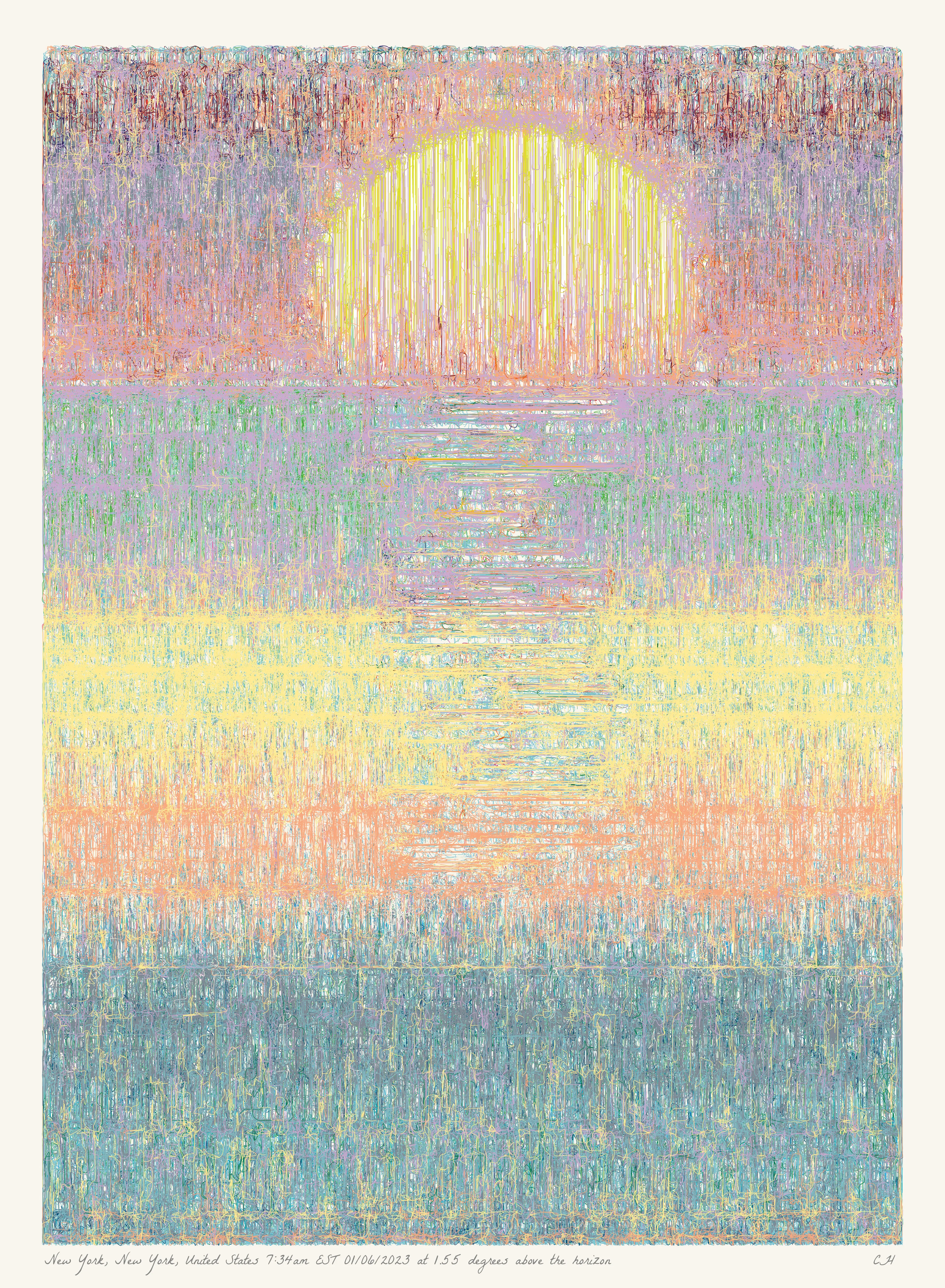 SOL is a collection of 365 generative paintings that captures a precise moment in time, when the sun is rising above the horizon. Each generative output is influenced by real world 2023 astronomical data. Every location, date, time and sunrise angle is unique. This information is recorded at the bottom of each piece and on the blockchain. Just like IRL, no two SOLs are alike.