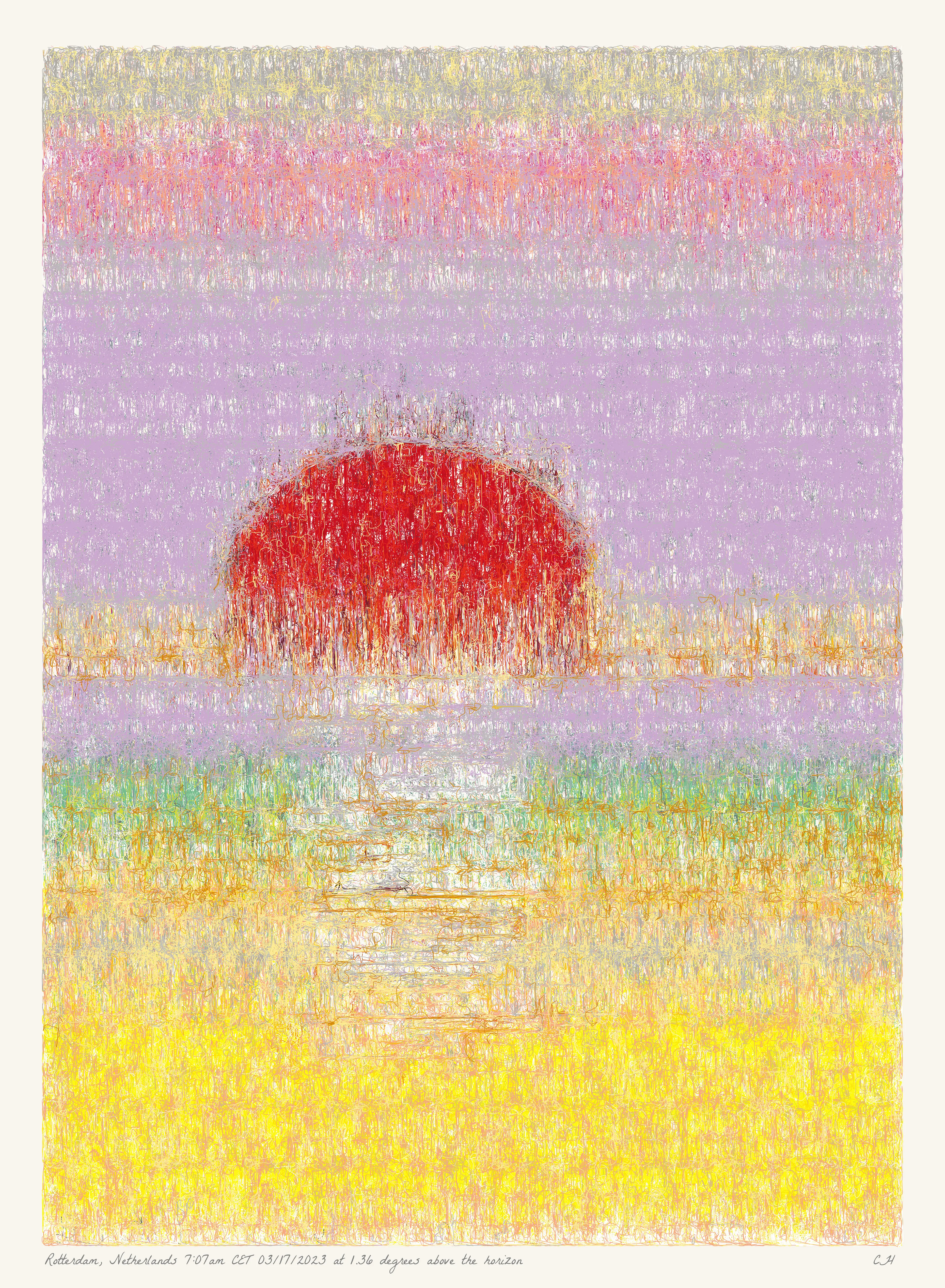 SOL is a collection of 365 generative paintings that captures a precise moment in time, when the sun is rising above the horizon. Each generative output is influenced by real world 2023 astronomical data. Every location, date, time and sunrise angle is unique. This information is recorded at the bottom of each piece and on the blockchain. Just like IRL, no two SOLs are alike.