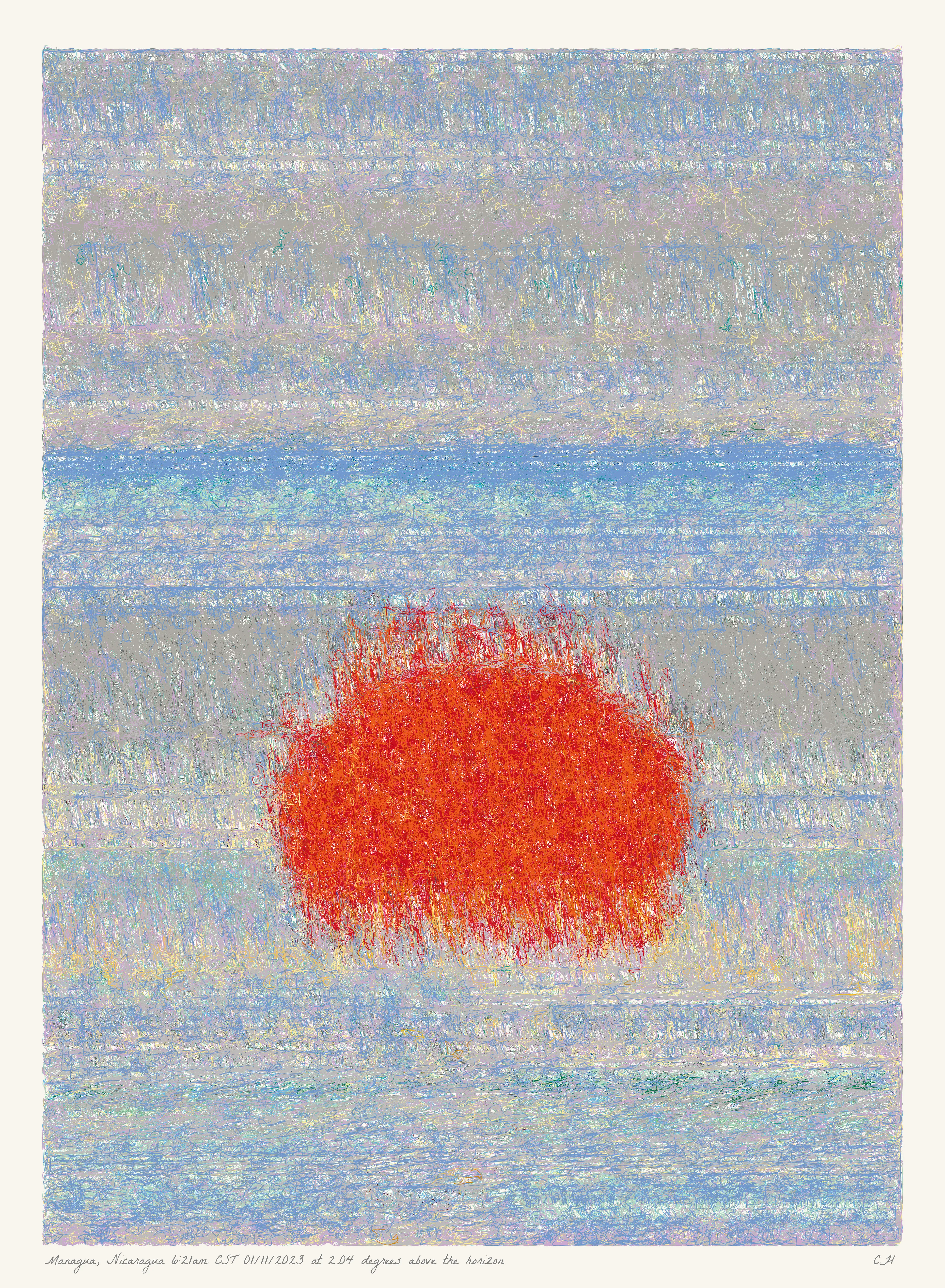 SOL is a collection of 365 generative paintings that captures a precise moment in time, when the sun is rising above the horizon. Each generative output is influenced by real world 2023 astronomical data. Every location, date, time and sunrise angle is unique. This information is recorded at the bottom of each piece and on the blockchain. Just like IRL, no two SOLs are alike.