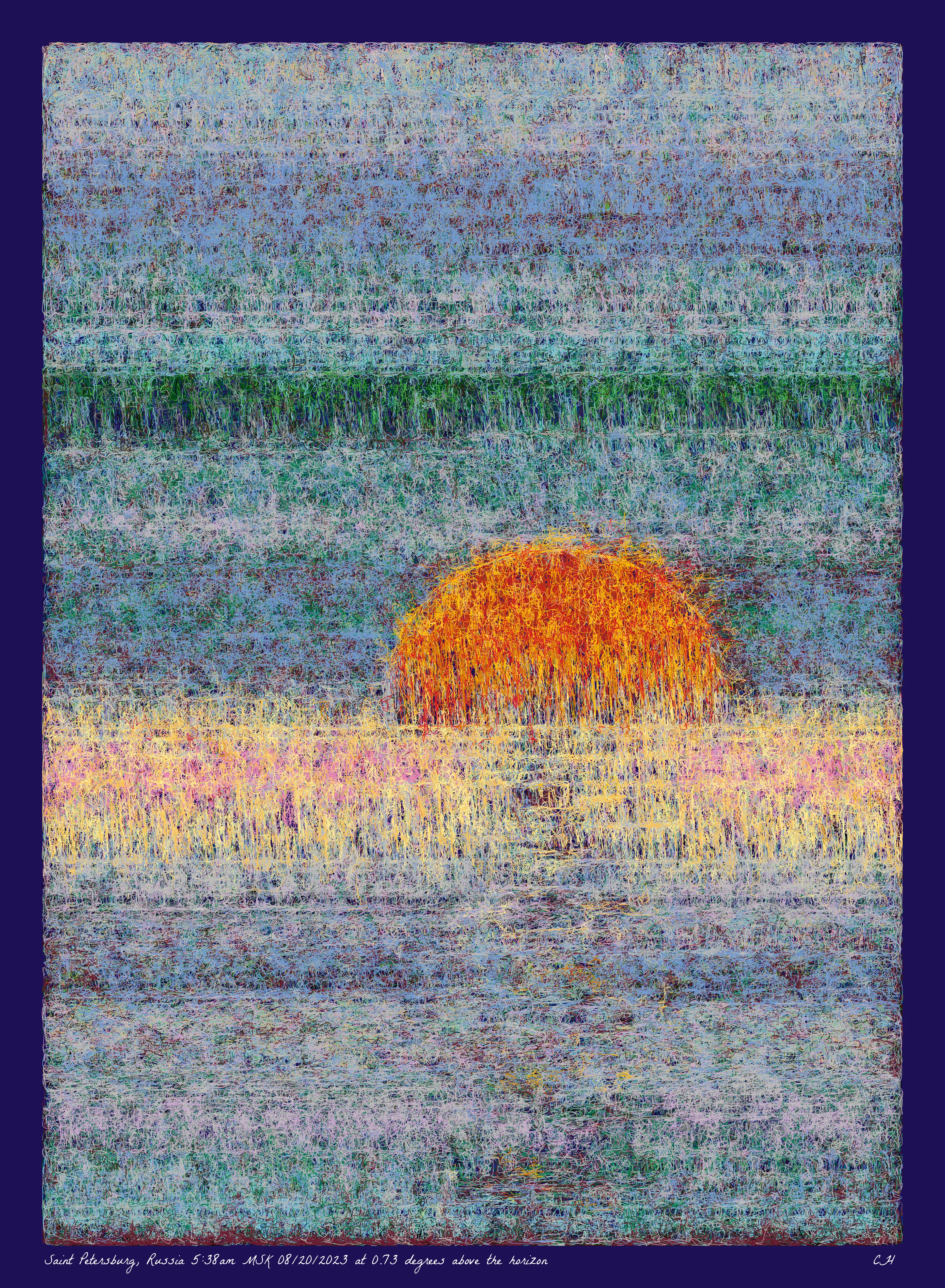 SOL is a collection of 365 generative paintings that captures a precise moment in time, when the sun is rising above the horizon. Each generative output is influenced by real world 2023 astronomical data. Every location, date, time and sunrise angle is unique. This information is recorded at the bottom of each piece and on the blockchain. Just like IRL, no two SOLs are alike.