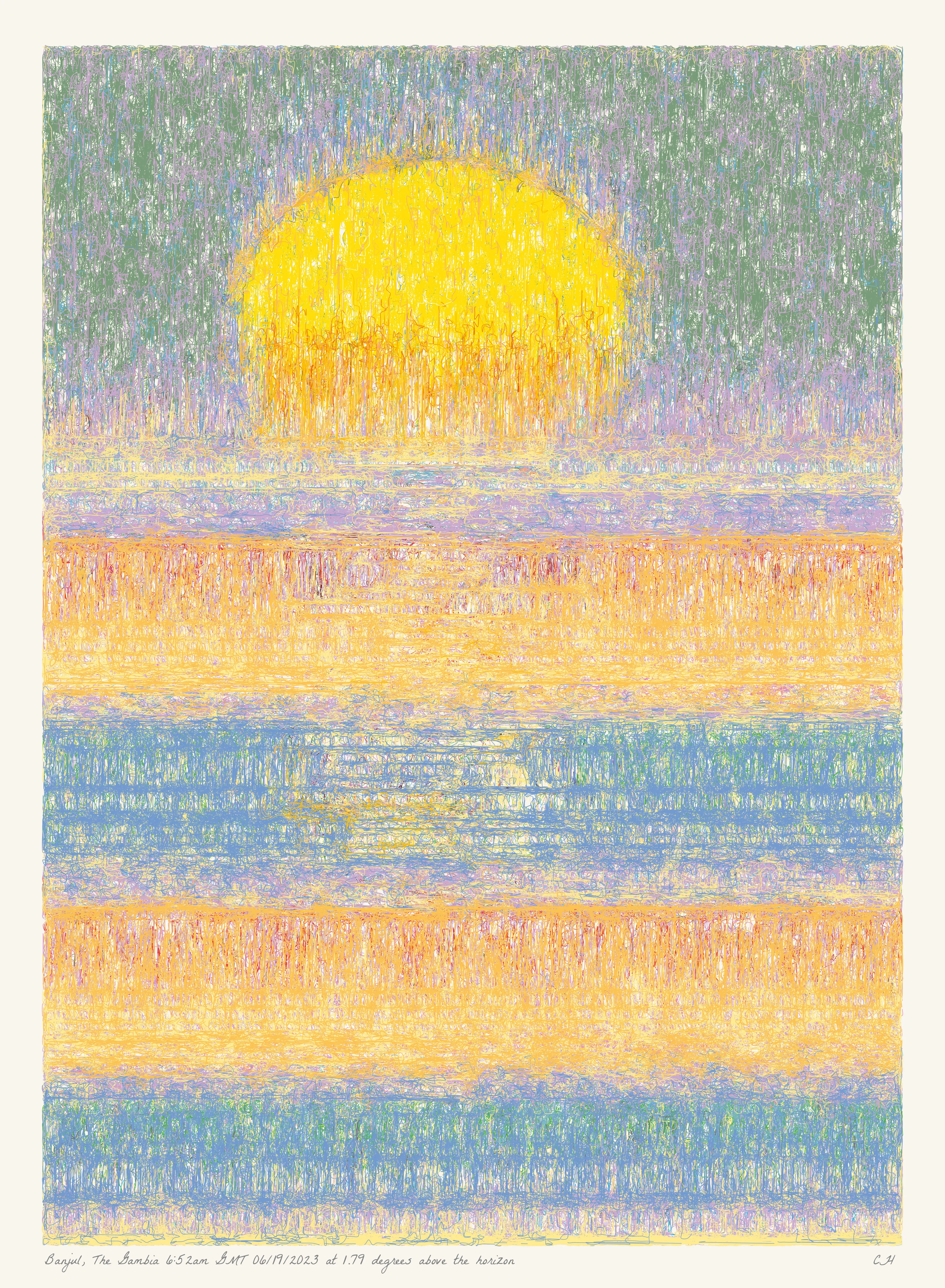 SOL is a collection of 365 generative paintings that captures a precise moment in time, when the sun is rising above the horizon. Each generative output is influenced by real world 2023 astronomical data. Every location, date, time and sunrise angle is unique. This information is recorded at the bottom of each piece and on the blockchain. Just like IRL, no two SOLs are alike.