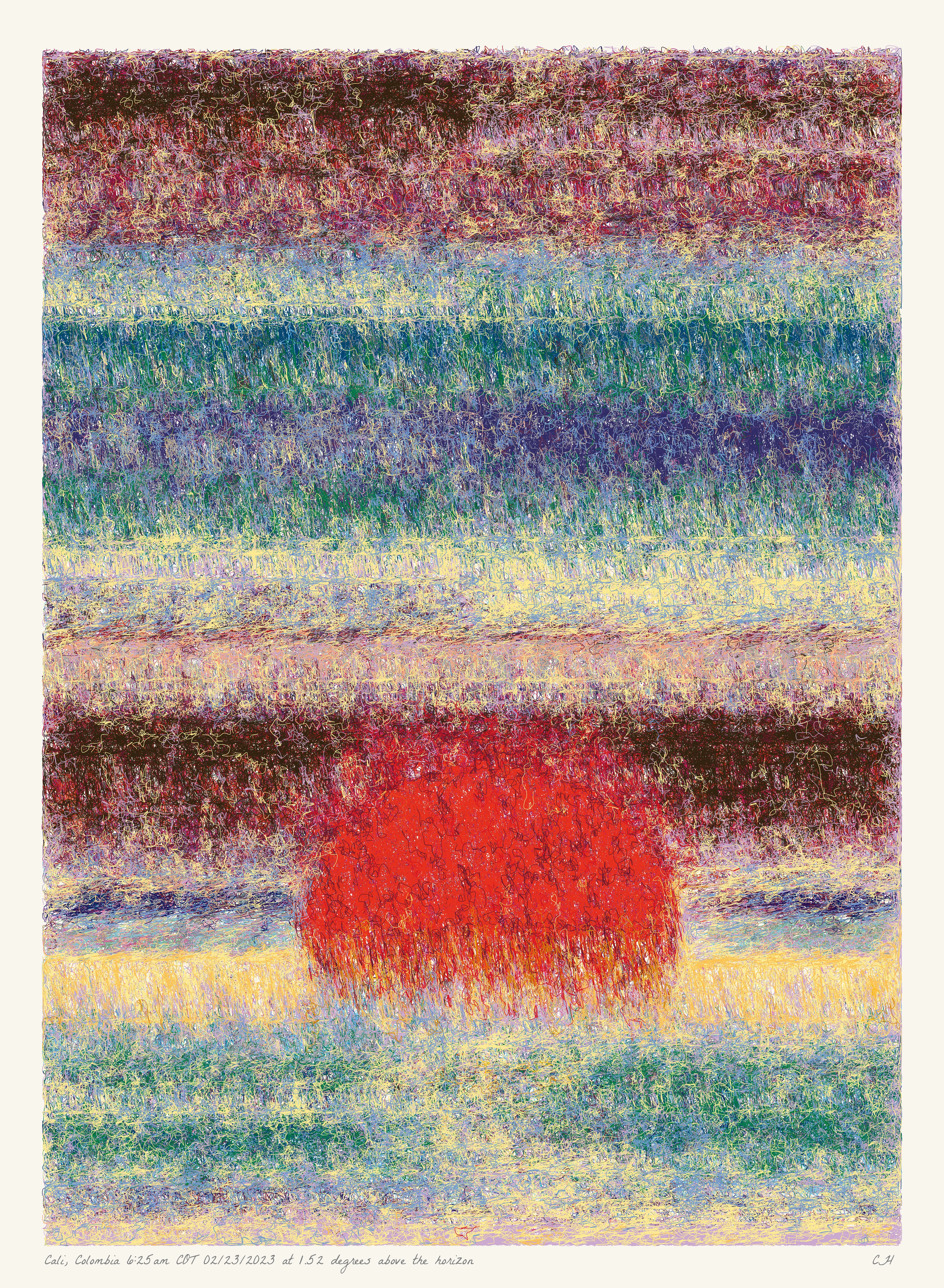 SOL is a collection of 365 generative paintings that captures a precise moment in time, when the sun is rising above the horizon. Each generative output is influenced by real world 2023 astronomical data. Every location, date, time and sunrise angle is unique. This information is recorded at the bottom of each piece and on the blockchain. Just like IRL, no two SOLs are alike.