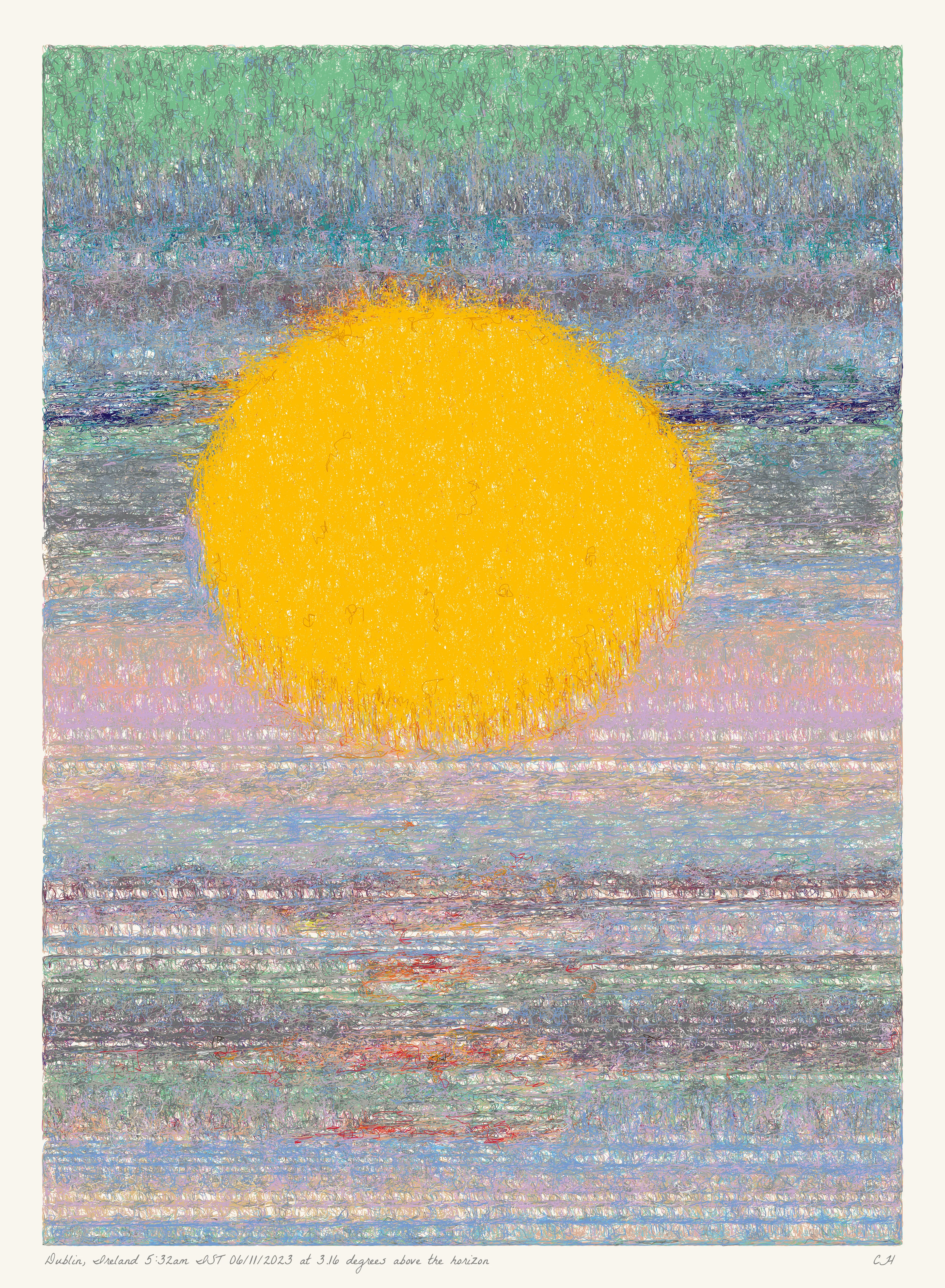 SOL is a collection of 365 generative paintings that captures a precise moment in time, when the sun is rising above the horizon. Each generative output is influenced by real world 2023 astronomical data. Every location, date, time and sunrise angle is unique. This information is recorded at the bottom of each piece and on the blockchain. Just like IRL, no two SOLs are alike.