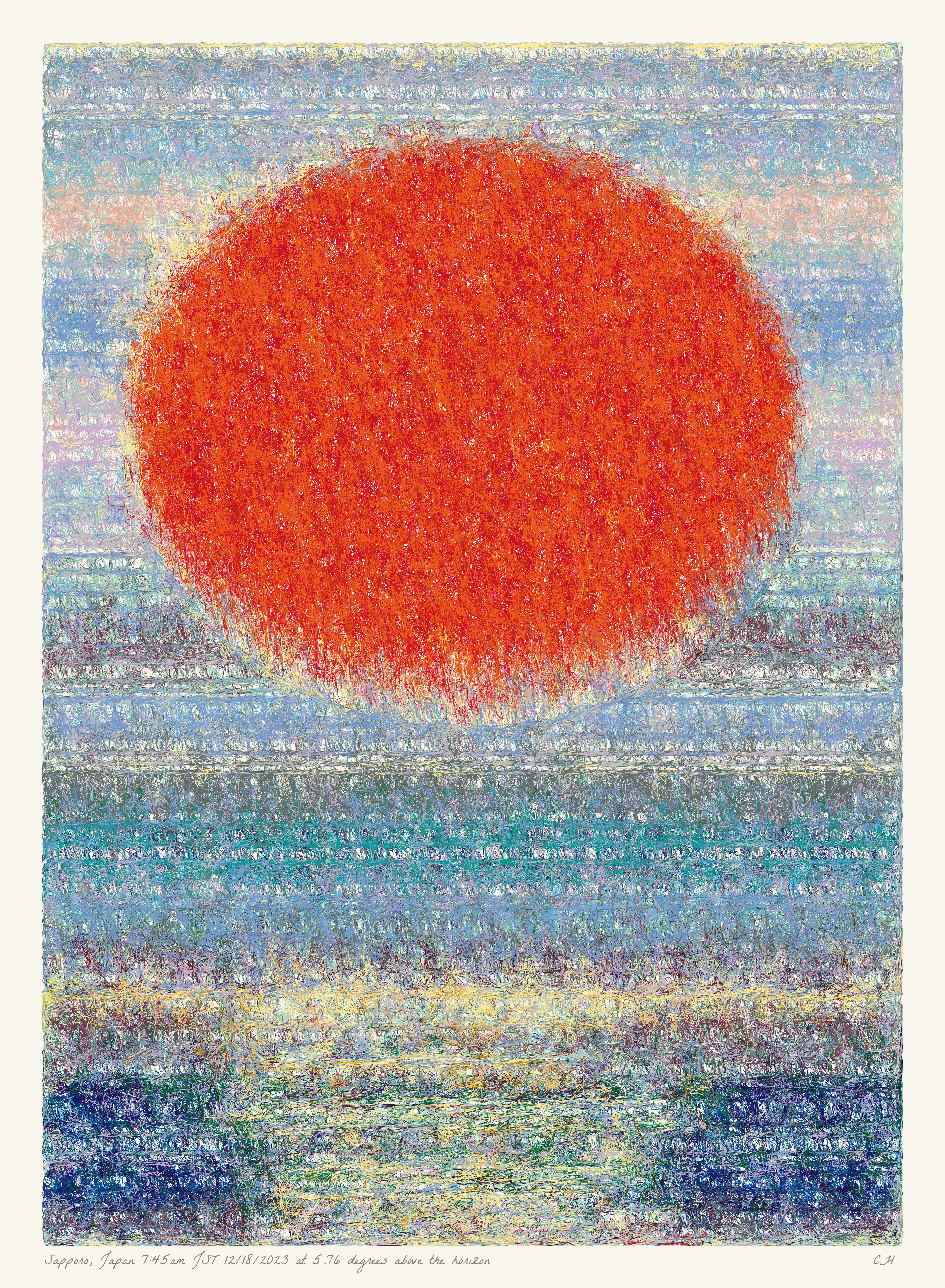 SOL is a collection of 365 generative paintings that captures a precise moment in time, when the sun is rising above the horizon. Each generative output is influenced by real world 2023 astronomical data. Every location, date, time and sunrise angle is unique. This information is recorded at the bottom of each piece and on the blockchain. Just like IRL, no two SOLs are alike.