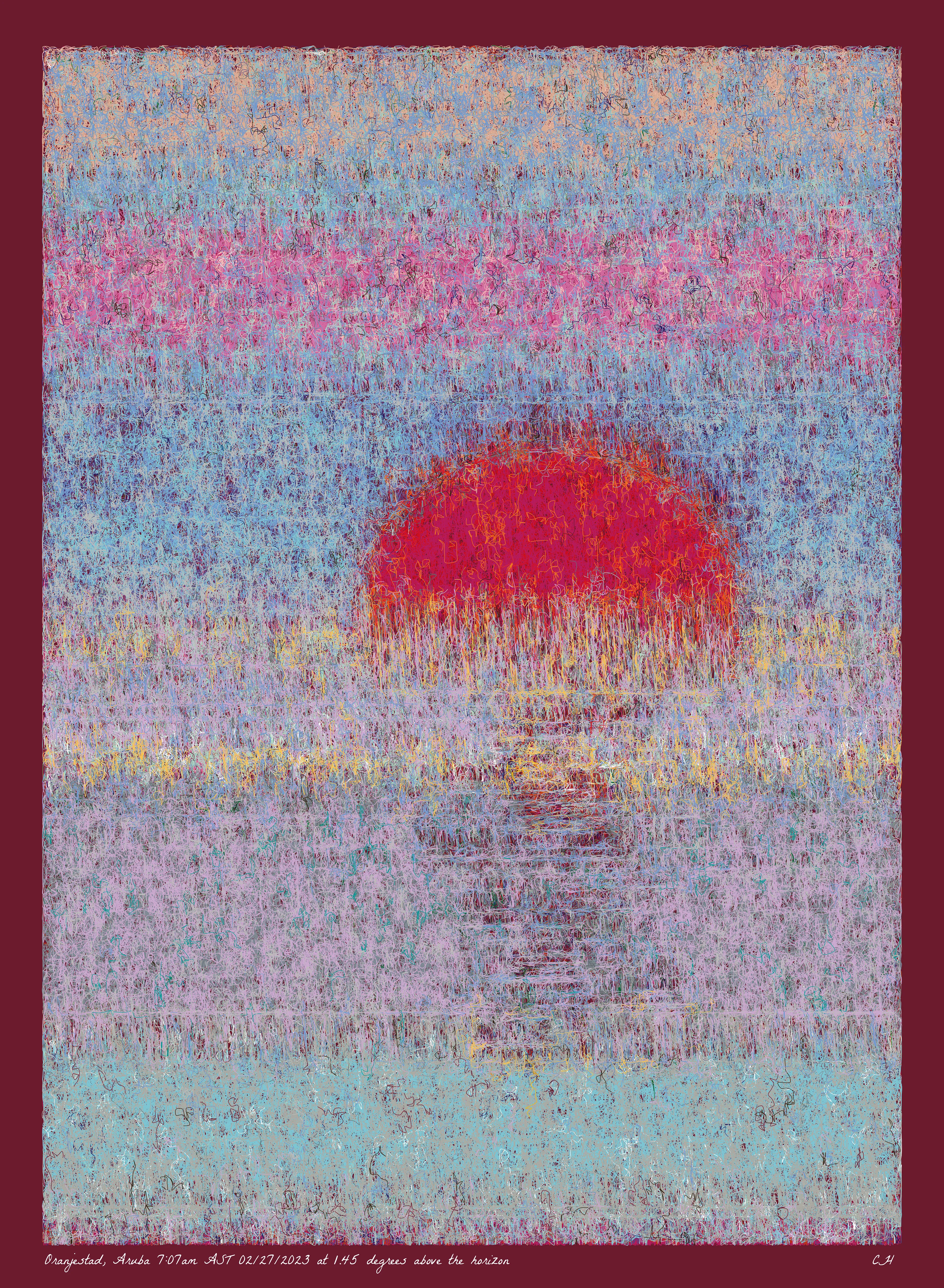 SOL is a collection of 365 generative paintings that captures a precise moment in time, when the sun is rising above the horizon. Each generative output is influenced by real world 2023 astronomical data. Every location, date, time and sunrise angle is unique. This information is recorded at the bottom of each piece and on the blockchain. Just like IRL, no two SOLs are alike.