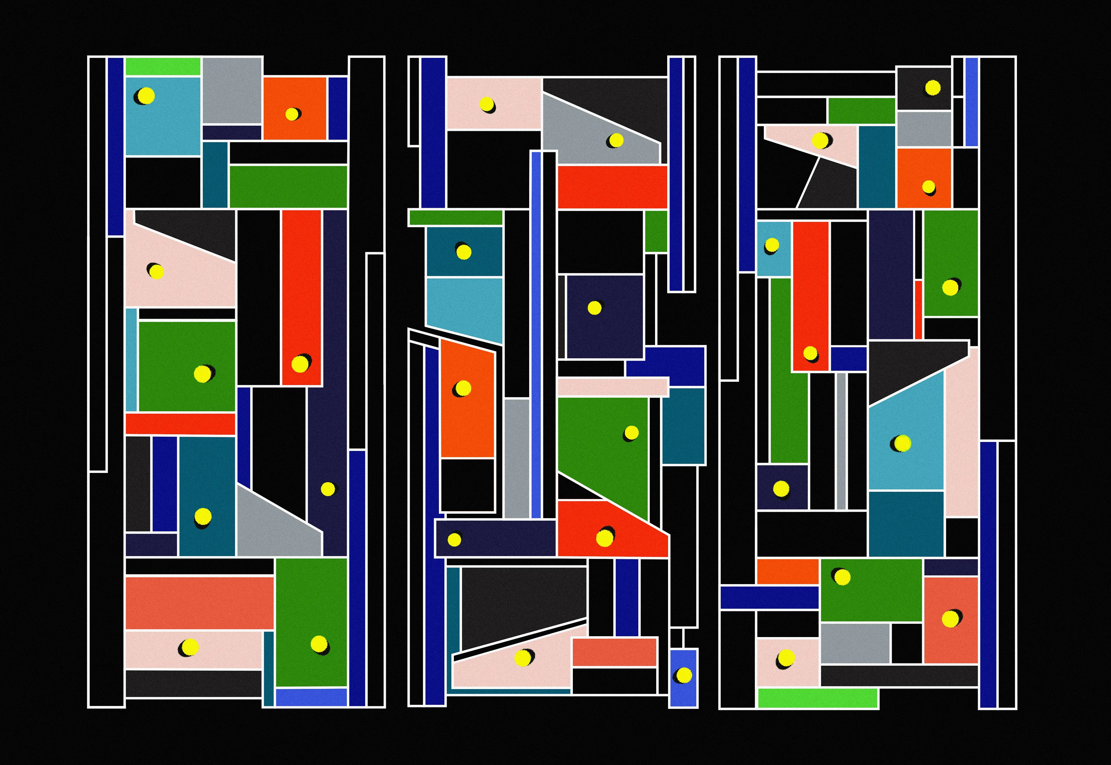 The work is dedicated to the legendary J Dilla technique, which he used on the "AKAI MPC-3000" drum machine, where he began to see the free mixing of sounds in microscopic scales. This created a disorienting rhythmic discrepancy, combining both straight and swing at the same time. Taking a tennis court, I wanted to explore colors and shapes that do not combine separately from each other, but when combining the freedom of these forms, they began to create something unique and aesthetically new, and the balls that are in the shape of a circle.  
I wanted to provide them as the most important aspect in this composition that gives uniqueness and dynamism. As well as balls in different corners and colors, it's just a memory of every time in what mood and feelings people come to tennis and leave some part of their energy for the entire time that they played.