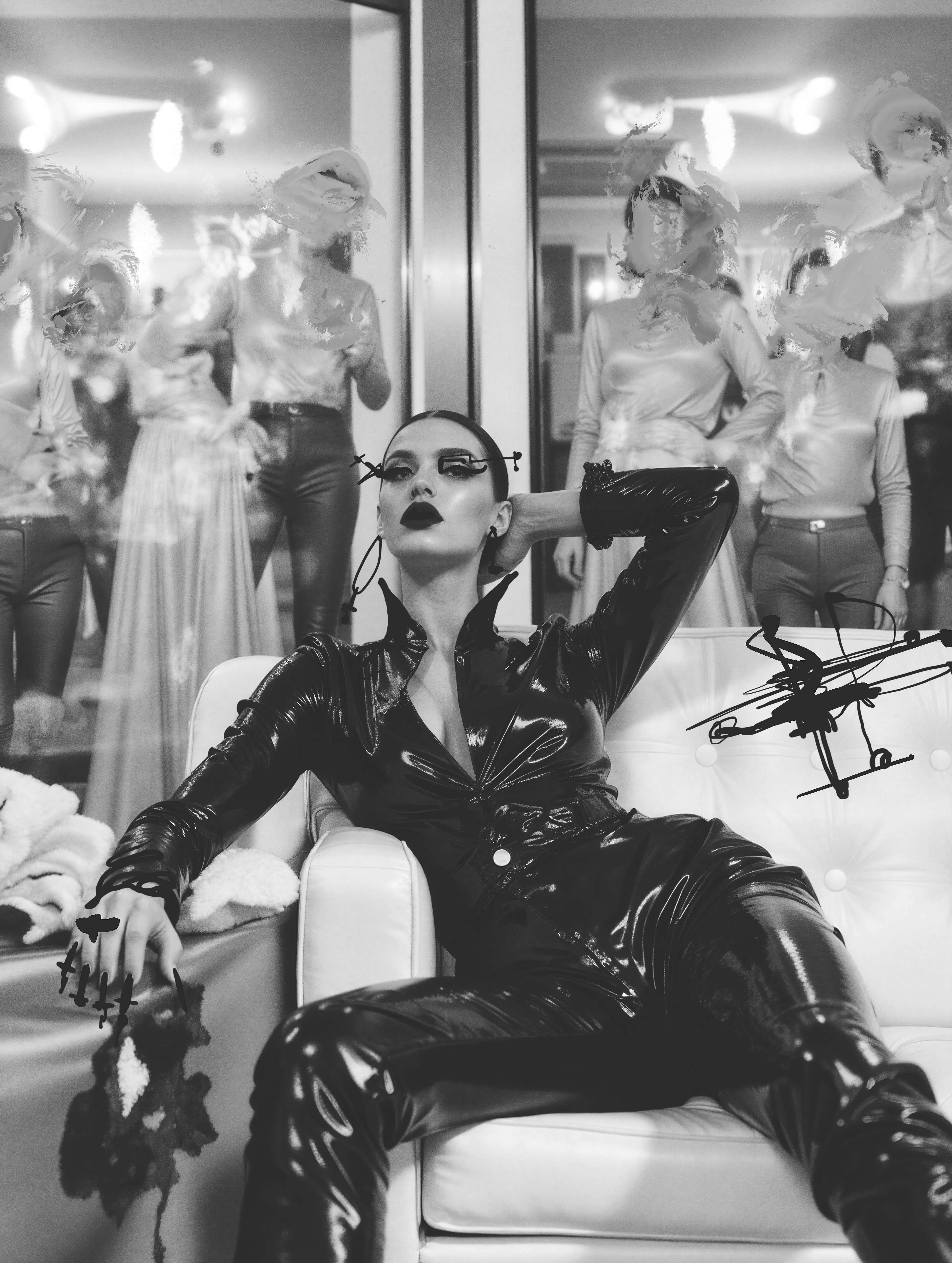 She lounges like trouble dressed in midnight, lacquered and unbothered, a woman built from static, smirk, and drone logic. Behind her, the mannequins ghost themselves into oblivion, smudged out like old memories the ink refused to keep. She looks up with drone eyes, as if she already knows the future—because in this room, in this hour, she is the future.