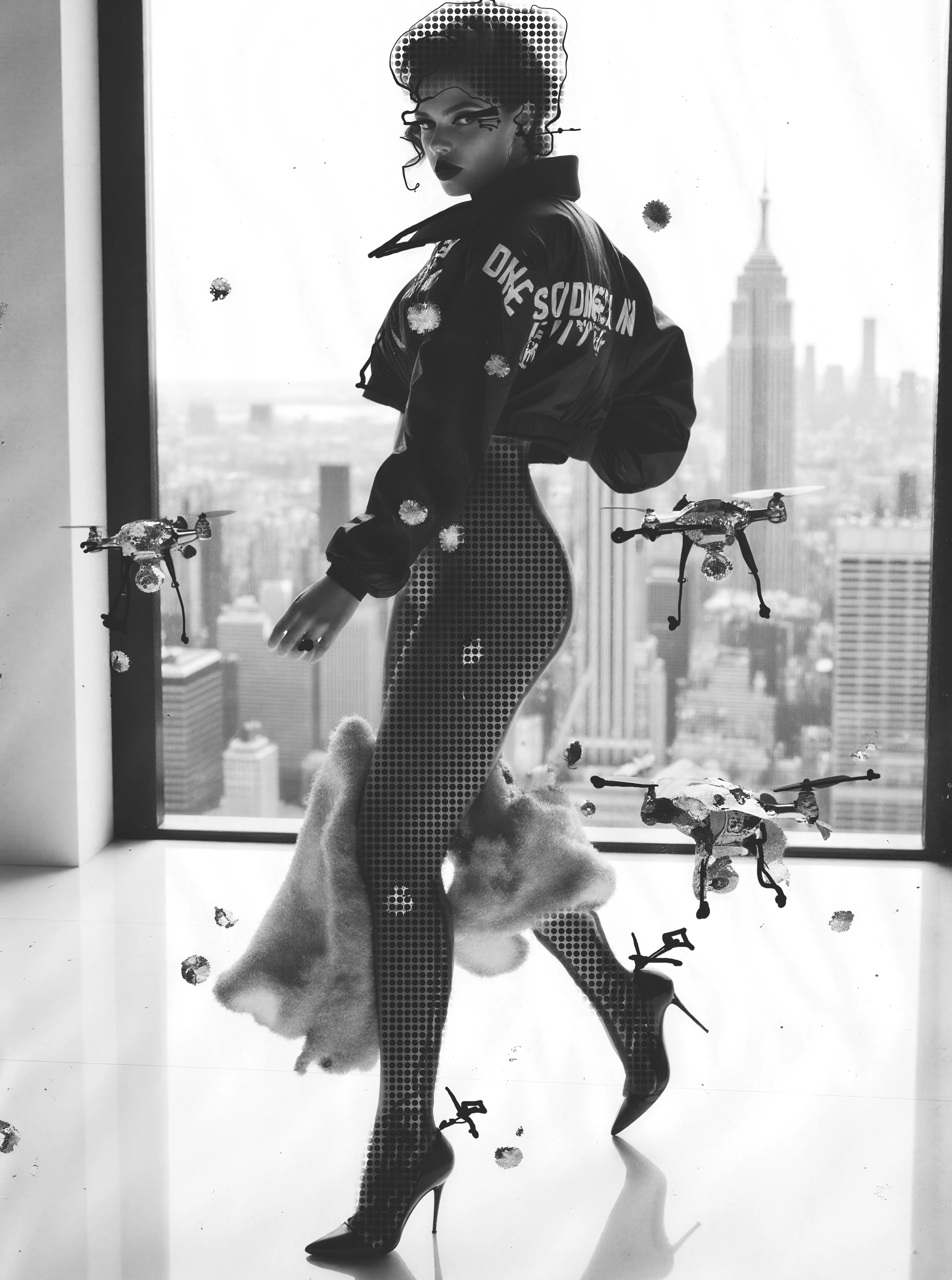 She dances past the skyline like she owns its weather systems, drones circling her ankles like sworn familiars. Ink freckles the glass; New York blurs behind her in a hush of steel and light. She doesn’t look back—she already knows the city will follow.