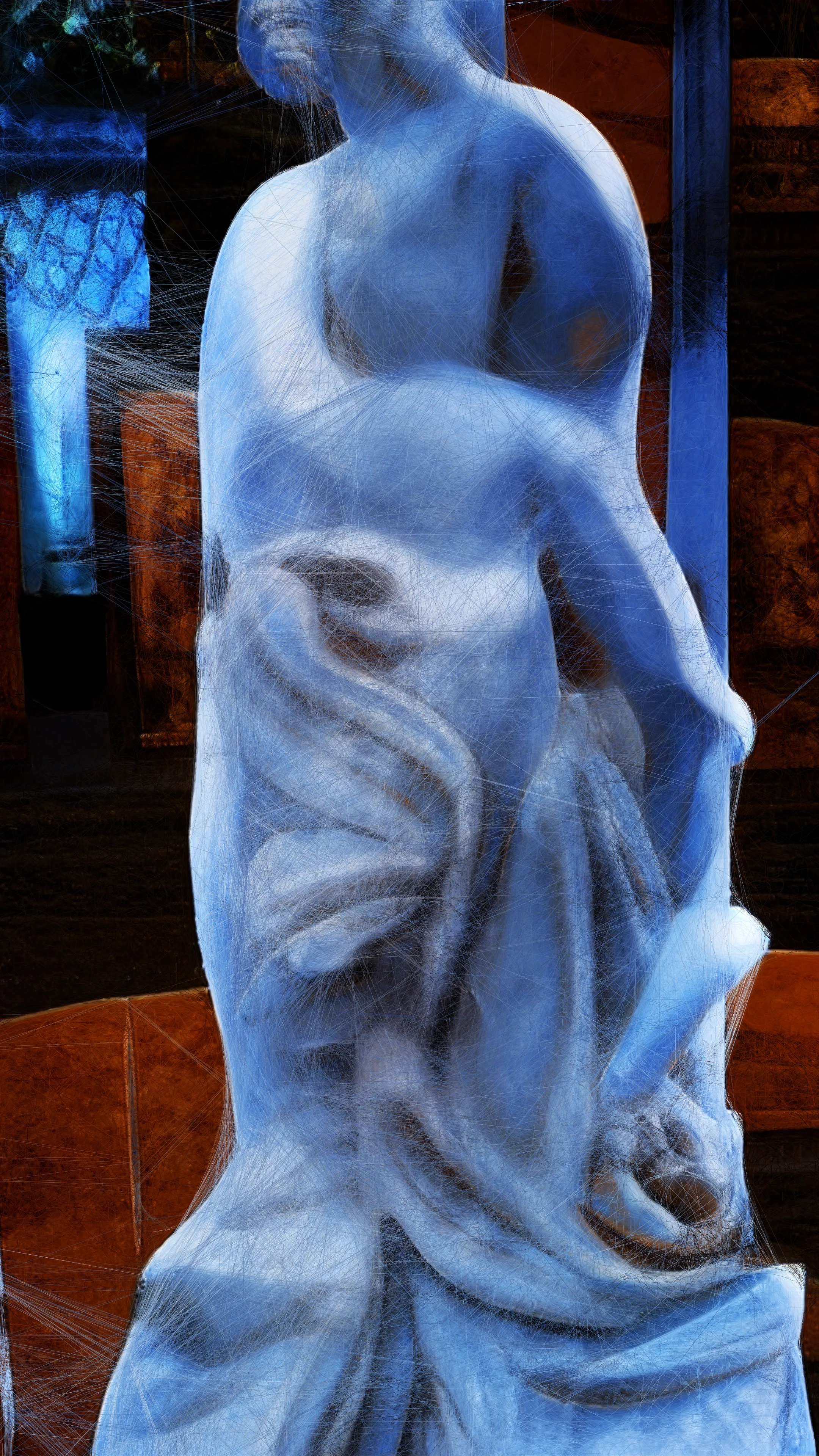 For these GAN-generated AI Data Paintings, Refik Anadol Studio used machine intelligence to filter more than 100.000 photographs of all the Renaissance sculptures created between 1300-1600. Artificial intelligence learns and recreates visual textures that are emblematic of the stone and metal textures of Renaissance sculptures. As the machine re-imagines these historical works of powerful imagination, elevated craftsmanship, and distinguished acumen, these dynamic visuals change their shapes and colors, representing unique, immersive walks through the machine’s latent data universe.