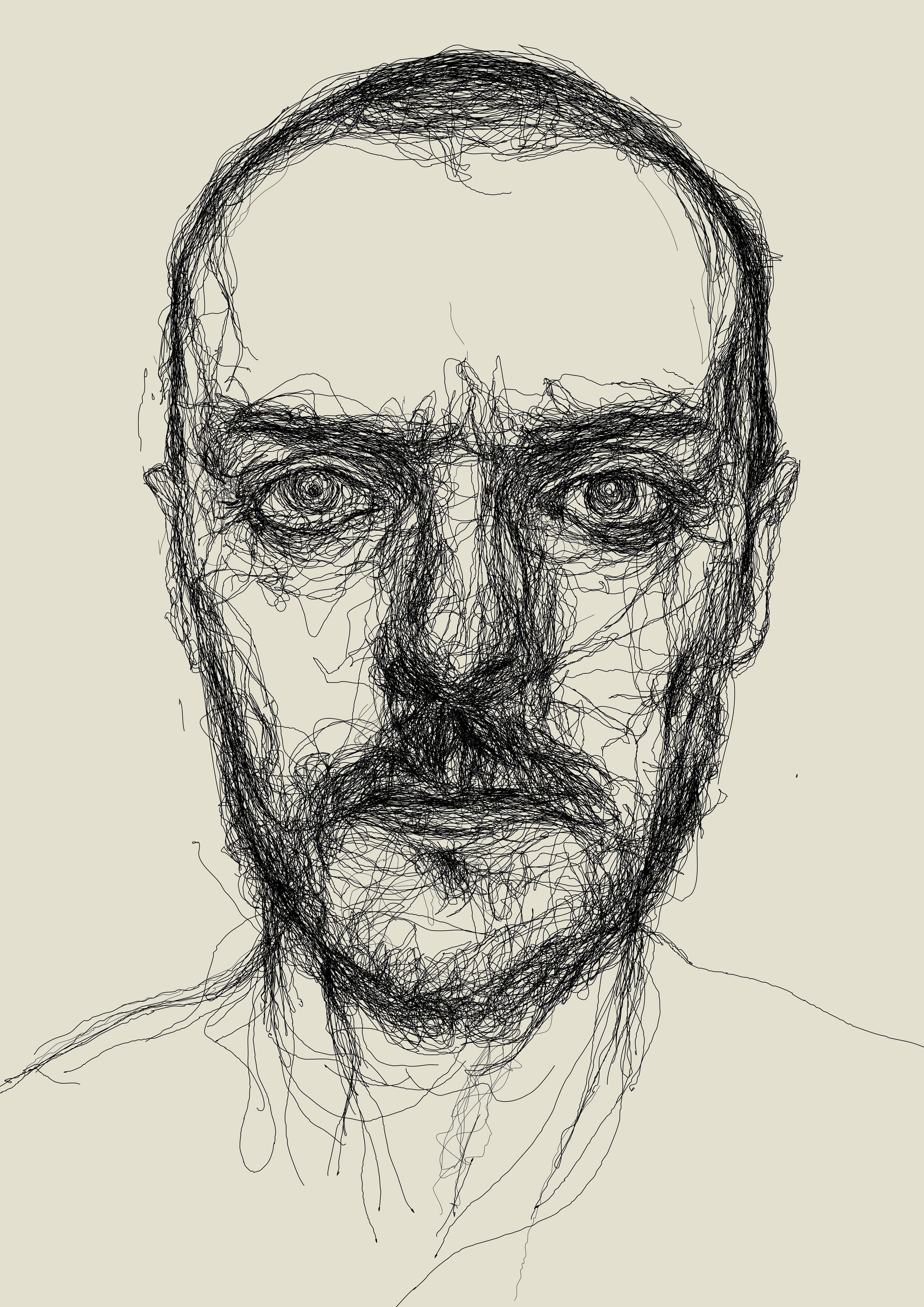 IPSE I is the original digital drawing of a series of physical pen plotter print, made by an algorithm coded by the artist. The code  replicates/interprets my drawing, exploring what happens when the act of drawing extends through time, when a portrait unfolds through continuous reinterpretation rather than seeking resolution? This work explores the intersection of tradition and automation, where the artist's hand converges with the mechanical precision of a pen plotter guided by artificial intelligence.