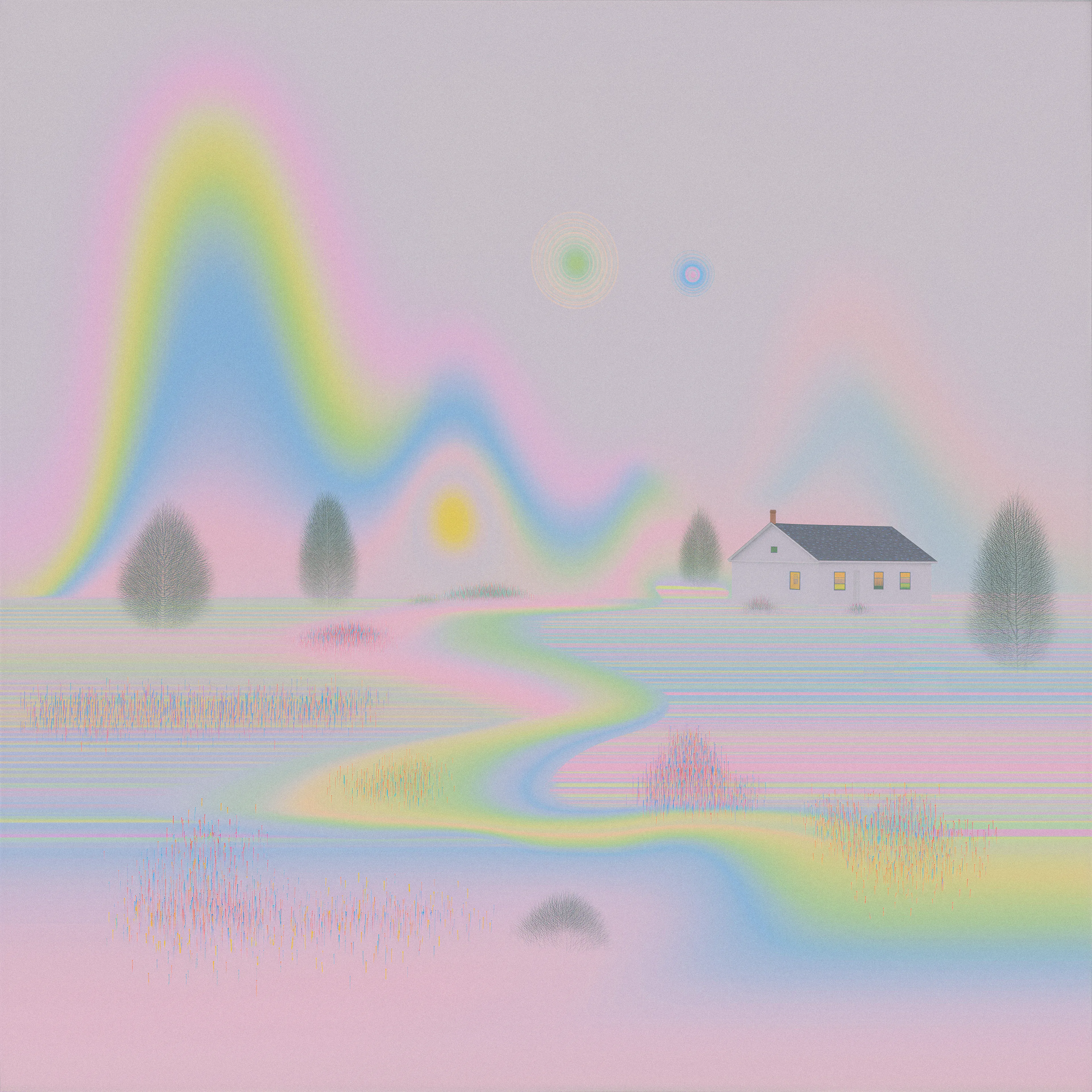 The postcard arrived on a Tuesday, though I cannot say who sent it.

There was no return address, no signature—only a photograph of a small white house nestled against mountains that rippled like fabric dyed in pastels. A winding stream curved toward the foreground, its water catching light that seemed to come from nowhere and everywhere at once. On the back, someone had written in faded pencil: *She is still waiting.*

I had not thought about that house in seventeen years.

---

I took the train as far as it would go, then walked. The path followed the stream, which did not behave like water should. It reflected colors the sky did not contain—yellows and pinks and soft greens that pooled in its bends like spilled tea. The grass on either side grew in thin stalks, each blade a different hue, swaying without wind.

The mountains ahead were not quite mountains. They rose and fell in gentle curves, their edges soft and uncertain, as though someone had started to erase them and then changed their mind. Two small lights hung in the grey sky—one green, one blue—and I understood without knowing how that these were not suns, not moons, but something older. Witnesses, perhaps. Or memories of light that had forgotten how to leave.

I reached the house at dusk, though dusk seemed to be the only time that existed here.

She was sitting on the porch, just as she had been seventeen years ago when I left. A woman of perhaps thirty, or perhaps three hundred—it was impossible to tell. Her hair was the grey of winter fog, and her eyes held the same quality as the stream: reflecting things that were not there.

"You received my postcard," she said. It was not a question.

"I didn't know you could send mail from here."

"I can't," she said. "Someone else sent it. Someone who remembered."

I climbed the three wooden steps and sat beside her. The porch looked out over the meadow and the stream and the soft mountains beyond. From here, I could see the trees that dotted the landscape—dark shapes that might have been pines, or might have been the shadows of pines that had existed long ago.

"I forgot," I said. "For seventeen years, I forgot this place existed."

"That's how it works," she replied. "The forgetting. It's not unkind. It's protection."

"Protection from what?"

She turned to look at me, and in her eyes I saw the reflection of a young man I no longer recognized—someone I had been, once, in another version of my life.

"From remembering too well," she said. "From wanting too much to return."

---

That night, she made tea from leaves that grew only in the hour between light and dark. We sat at her small kitchen table while the two lights in the sky traded places slowly, the way thoughts trade places in a sleepless mind.

"The others have all gone," she told me. "The ones who used to visit. The stream took them one by one. Not violently—it never does anything violently. It simply... absorbed them. They became colors in the water. You might have seen them on your walk. The yellow was a painter who came here every autumn. The pink was a woman who lost her husband to a war that was never officially declared."

"And you?"

"I was already a color when I arrived. The house recognized me. It let me stay solid."

I wrapped my hands around the cup. The warmth felt real, at least. That was something.

"Why did you call me back?"

She was quiet for a long time. Outside, something moved through the meadow grass—not an animal, but an impression of movement, a memory of something that had once walked there.

"The house is tired," she finally said. "It has been here since before the mountains forgot their shape. It has watched the stream fill with souls. It has seen the lights in the sky dim and brighten and dim again. And now it wants to sleep."

"What happens when it sleeps?"

"Everything here will become a postcard. Flat. Still. Beautiful, but no longer breathing." She set down her cup. "I wanted someone to know it had been real. I wanted someone to remember."

---

I stayed for three days, or perhaps three weeks—time moved strangely, folding in on itself like origami. I walked the meadow and learned the names of the colors in the stream. I watched the pine-shadows sway in windless air. I sat on the porch with the grey-haired woman and listened to stories about people who had loved this place so much they became part of it.

On the last morning—and I knew it was the last because the house told me, in the way houses sometimes do—she handed me a small glass bottle.

"Water from the stream," she said. "One drop, and you will remember this place forever. Two drops, and you will forget you ever left."

I put the bottle in my pocket without opening it.

At the edge of the meadow, where the path began its long journey back to the world of trains and Tuesdays, I turned to look at the house one final time. It was already flattening, its edges softening like a photograph left too long in sunlight. The woman on the porch raised her hand.

I raised mine in return.

---

The postcard sits on my desk now, next to the unopened bottle. Some nights, when sleep refuses to come, I hold them both up to the lamp and imagine I can see movement in the still image—the stream flowing, the grass swaying, a woman waiting on a porch for someone who may or may not return.

I have not yet decided how many drops I will drink.

Perhaps that is the real magic: not the choice itself, but the long, quiet wondering.