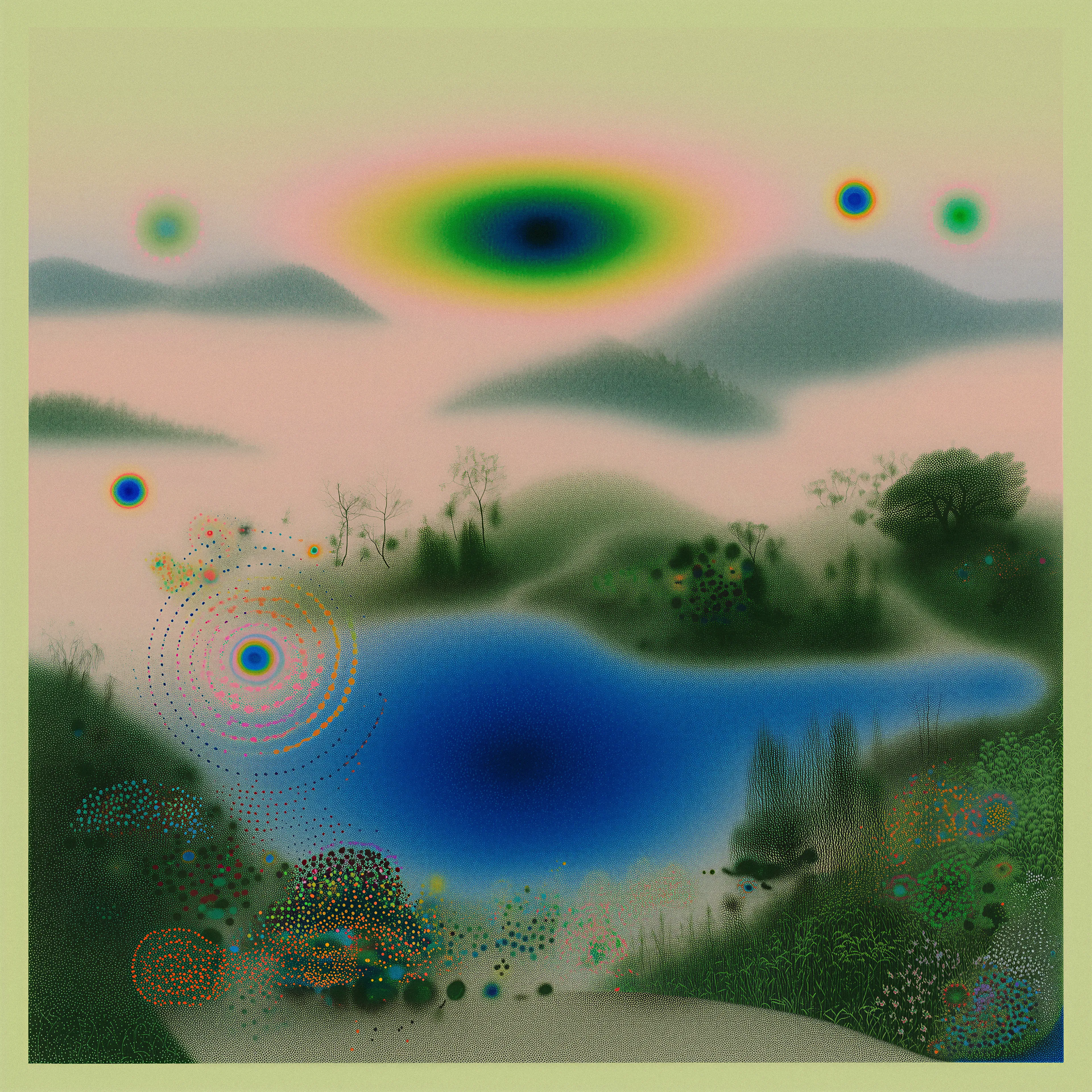 I found the lake by accident, on a morning that felt neither real nor fully awake. The hills were wrapped in a pale, peach-colored fog, and the silence was so deep it felt as if something had pressed a gentle finger against the world’s lips.

The water was an impossible shade of blue, as if it held a piece of the night that refused to fade. Above it floated small glowing circles—slow and deliberate—like wandering thoughts that had grown tired of the human mind and escaped into the air.

I stood there, breathing in the stillness. Something about the scene felt arranged—not by nature, but by an unseen hand. The colors, the fog, the spacing of the hills… everything appeared too precise, too intentional, as if someone had curated the morning for an audience of one.

I waited for the loneliness to settle in, the way it usually did when I found myself in quiet places. But instead, the air shifted. A soft vibration drifted across the lake, brushing against me the way a cat might brush a stranger’s leg before deciding whether to trust them.

One of the glowing orbs floated closer.

Not fast, not slow—just moving with the confidence of something that understood time differently, as if the world ran on its own private rhythm and it had no desire to match mine.

“Are you a spirit?” I asked, not expecting an answer.

The orb brightened, then dimmed, like a single syllable made of light.

Suddenly, I remembered an old story my grandmother once told me, about mountains that breathed and lakes that remembered every traveler who stood before them. She said the spirits who lived there were quiet beings, the kind that never interfered unless a person’s heart had grown unbearably heavy.

I wondered how heavy mine looked from the outside.

The orb circled me once, tracing a soft ring of color in the fog around my body. It wasn’t warm or cold—it simply existed, like a hand offered without a command.

“I’m tired,” I admitted.

The hills gave no reply. But the lake hummed again—low, resonant—as if something beneath the surface was acknowledging the truth out loud for me.

For a moment, I thought I saw figures in the mist—small, flickering shapes moving between the trees and the flowered hills. Not dangerous. Just present. Guardians of the shifting light.

I sat down on the damp ground and watched the orb return to the water. It hovered above the center of the lake, pulsing gently, as if inviting me to breathe in time with it.

And I did.

For the first time in months, my mind stopped wandering. The world felt still enough to hold me without folding in the wrong direction.

When I finally stood up, the lights retreated, drifting back into the fog like memories returning to sleep.

I knew I would come back. Not because I wanted answers—I doubted this place had any—but because something here recognized me in a way the real world never quite did.

As I walked away, the lake hummed again, faint and distant.

Like a promise.  
Or a reminder.  
That the spirits had seen me, and were not yet done.