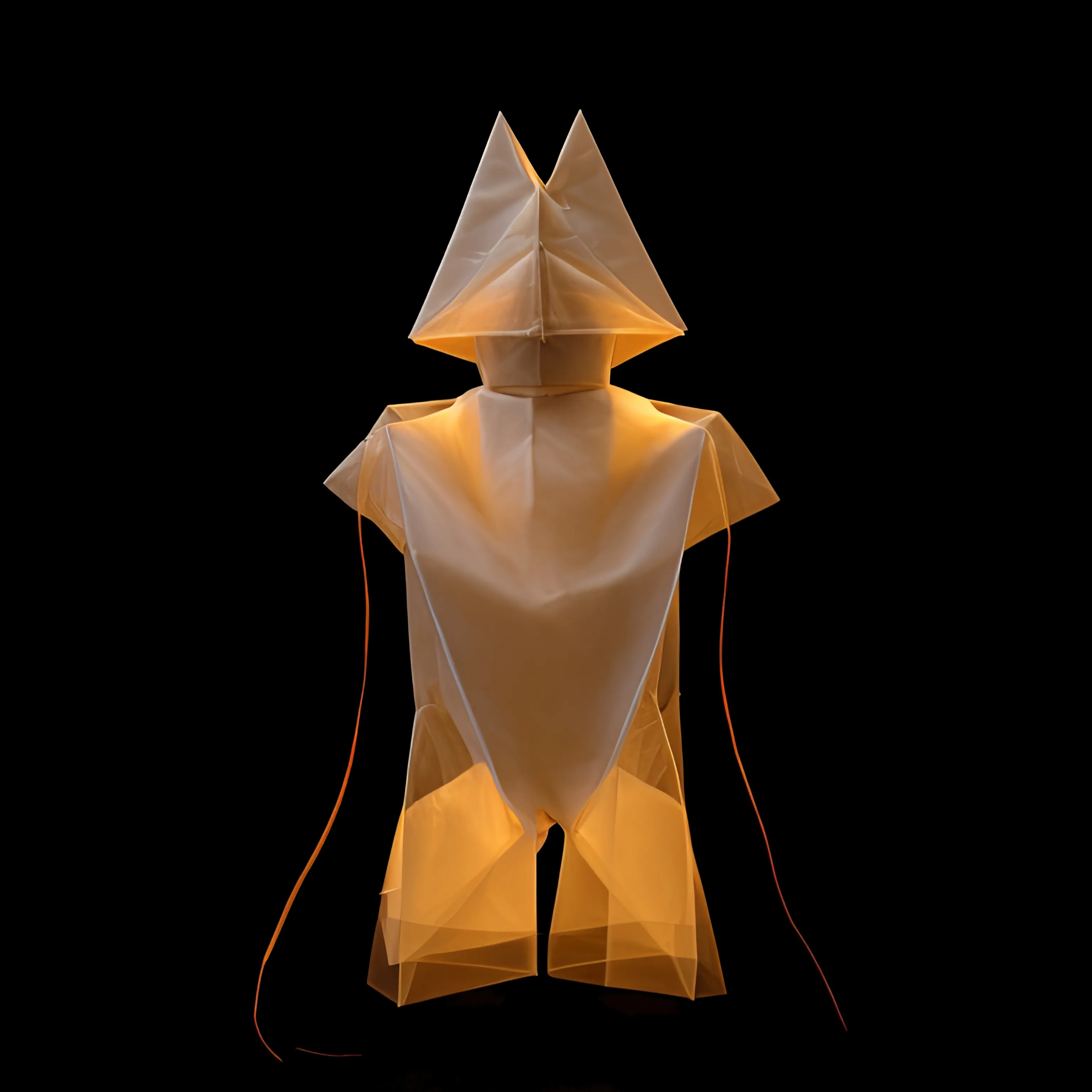 This figure, with its angular headpiece and softly glowing body, evokes a sense of quiet dignity. The subtle lighting highlights its geometric precision, making it appear both futuristic and ancient, a silent guardian of light.
