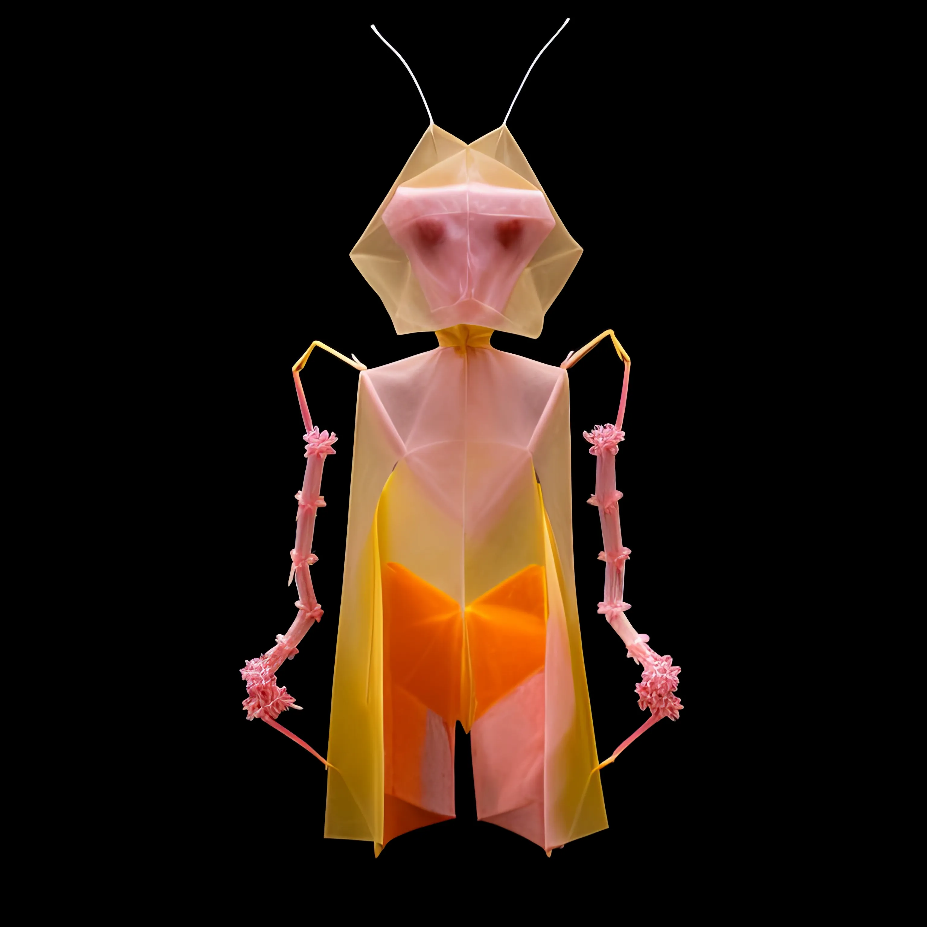 With antennae reaching skyward, this insect-like robot wears a translucent shroud of orange and pink, blending the organic with the synthetic. Its arms, decorated with delicate clusters, seem ready to embrace a forgotten symphony of life.