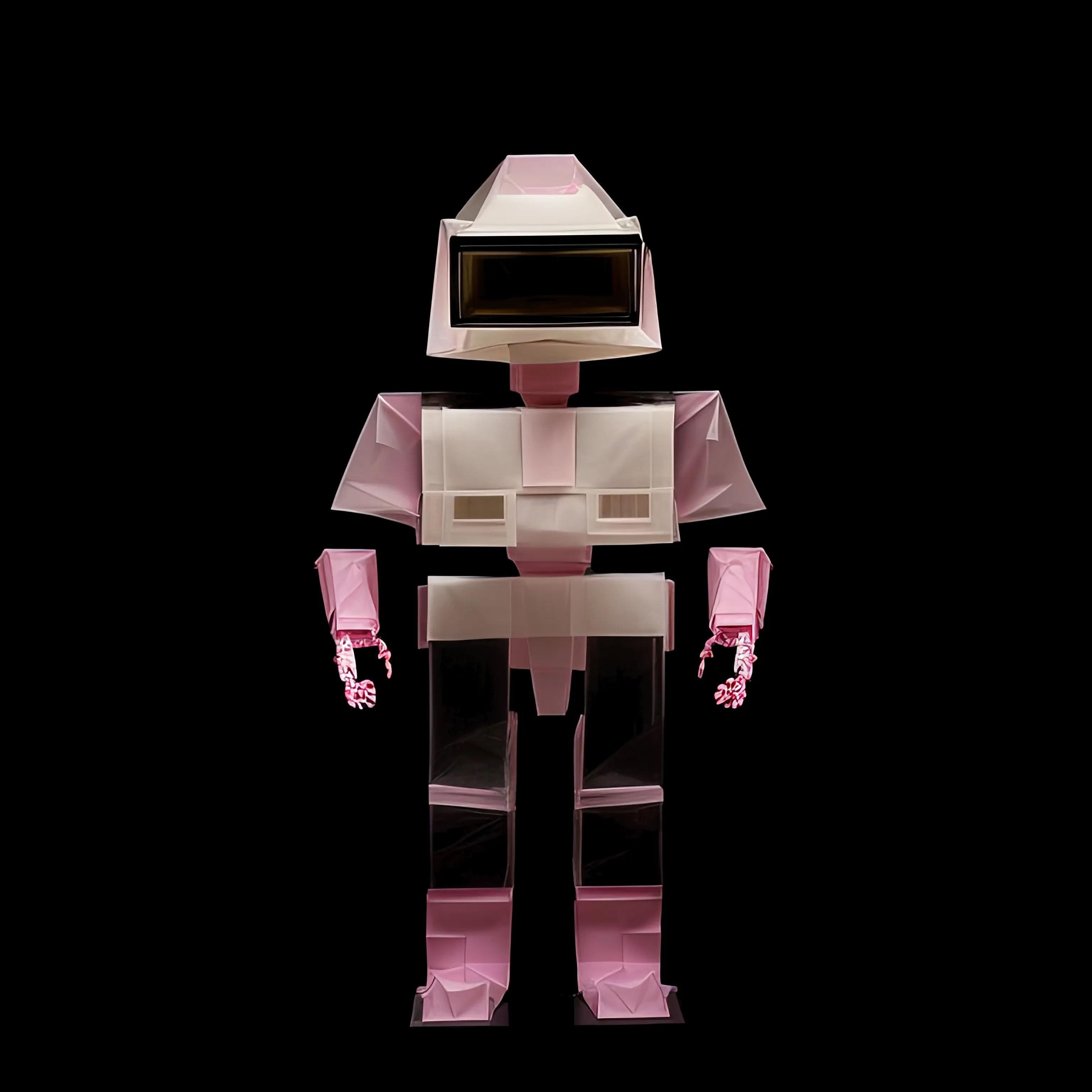 This pink and white figure, with its glowing central core and reflective limbs, exudes a sense of robotic elegance. The sharp angles and soft illumination create a harmonious balance, suggesting both strength and grace.
