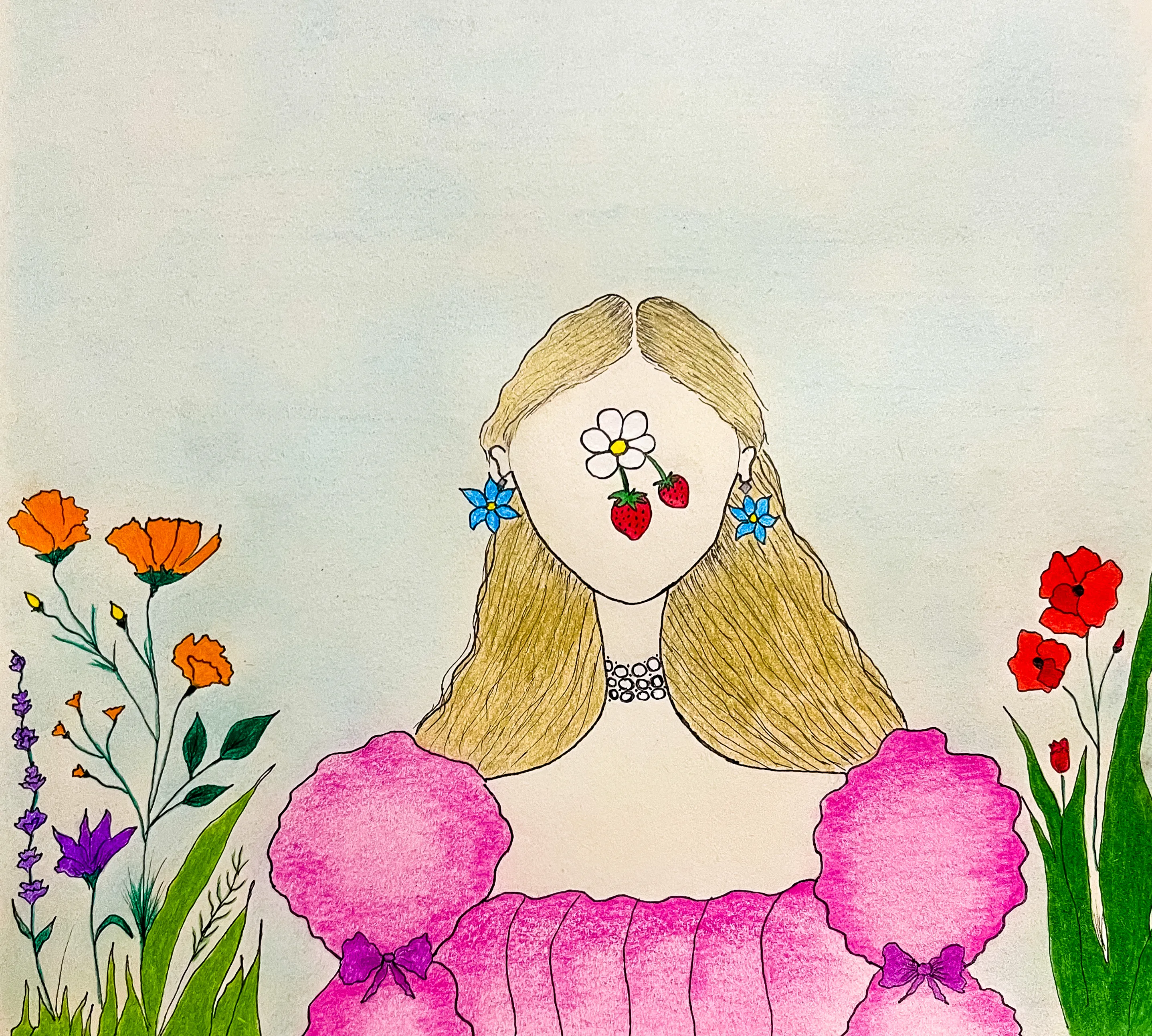 “Strawgirl” is a whimsical illustration of a faceless figure adorned with elements of nature. With long, golden hair and a flowing pink dress embellished with bows, she blends seamlessly into the floral surroundings. Her face is playfully replaced by a daisy and two strawberries, and her ears bloom with blue flowers, evoking a dreamy fusion of femininity and the natural world.