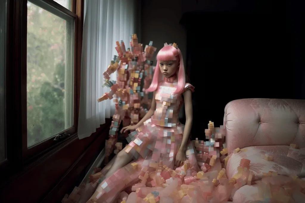 "Pixelated Perception" explores the complex confluence of the digital and the tangible, highlighting the diverse transitions in Japan. In the 1990s, pixels, the minute elements of the digital realm, emerged prominently in platforms like mobile phone communications and instances of censorship, subtly altering our perception of reality. Using AI generation, Kusano crafts portraits of individuals who, though they don't exist in fact, resonate profoundly in our memories and senses, employing the pixelated effect as a symbolic presence.

Pixels signify the fragmented pieces of our identity and understanding in this digital era. This work's aesthetic, reminiscent of video games, questions the overly pop-consumed roles of men and women, suggesting that these roles are, after all, fictional constructs.

This glitch prompts us to reflect on the interplay between reality and the virtual, encouraging a reevaluation of our perspectives and the freedom to envision differently.