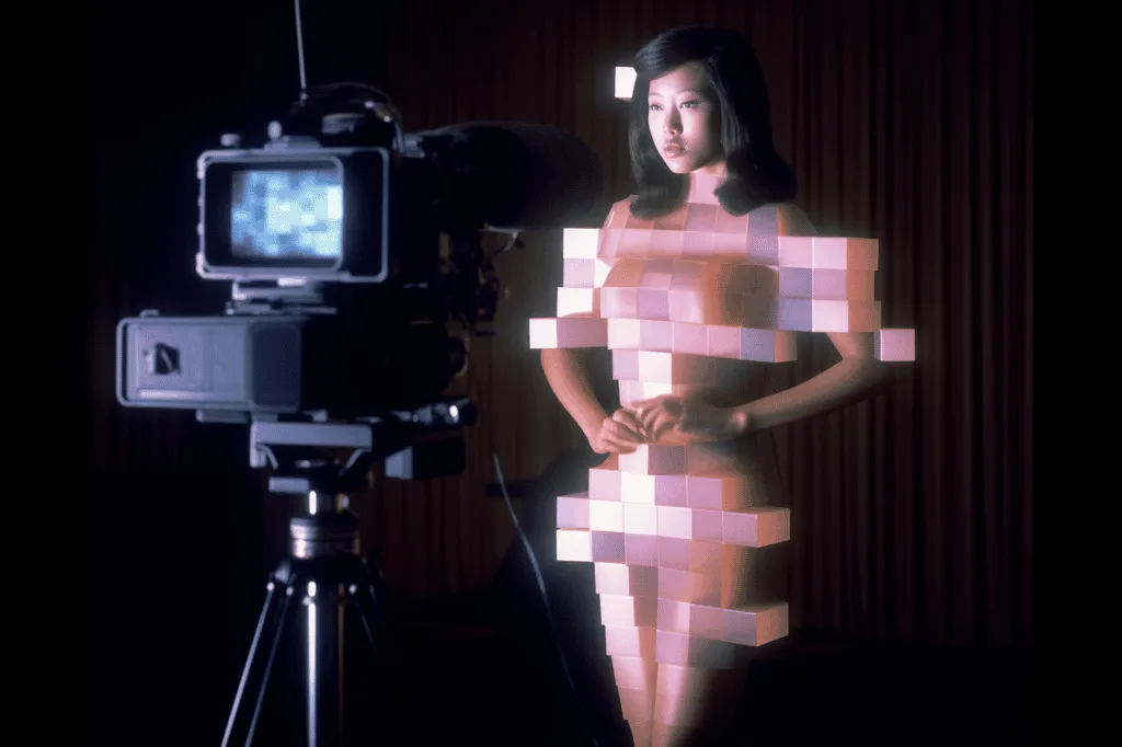 "Pixelated Perception" explores the complex confluence of the digital and the tangible, highlighting the diverse transitions in Japan. In the 1990s, pixels, the minute elements of the digital realm, emerged prominently in platforms like mobile phone communications and instances of censorship, subtly altering our perception of reality. Using AI generation, Kusano crafts portraits of individuals who, though they don't exist in fact, resonate profoundly in our memories and senses, employing the pixelated effect as a symbolic presence.

Pixels signify the fragmented pieces of our identity and understanding in this digital era. This work's aesthetic, reminiscent of video games, questions the overly pop-consumed roles of men and women, suggesting that these roles are, after all, fictional constructs.

This glitch prompts us to reflect on the interplay between reality and the virtual, encouraging a reevaluation of our perspectives and the freedom to envision differently.