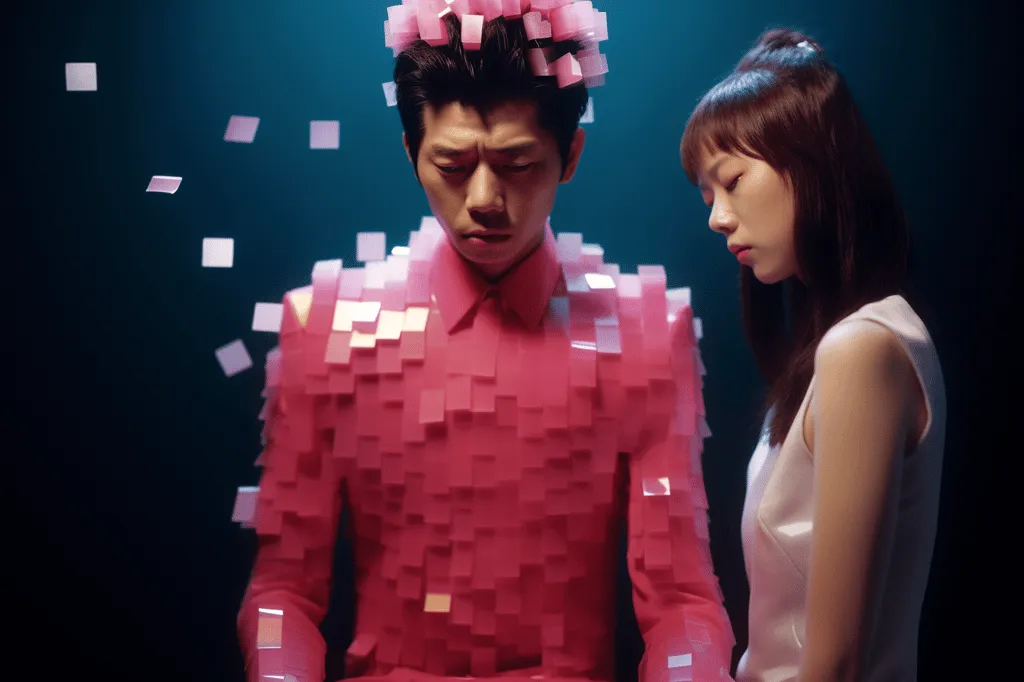 "Pixelated Perception" explores the complex confluence of the digital and the tangible, highlighting the diverse transitions in Japan. In the 1990s, pixels, the minute elements of the digital realm, emerged prominently in platforms like mobile phone communications and instances of censorship, subtly altering our perception of reality. Using AI generation, Kusano crafts portraits of individuals who, though they don't exist in fact, resonate profoundly in our memories and senses, employing the pixelated effect as a symbolic presence.

Pixels signify the fragmented pieces of our identity and understanding in this digital era. This work's aesthetic, reminiscent of video games, questions the overly pop-consumed roles of men and women, suggesting that these roles are, after all, fictional constructs.

This glitch prompts us to reflect on the interplay between reality and the virtual, encouraging a reevaluation of our perspectives and the freedom to envision differently.