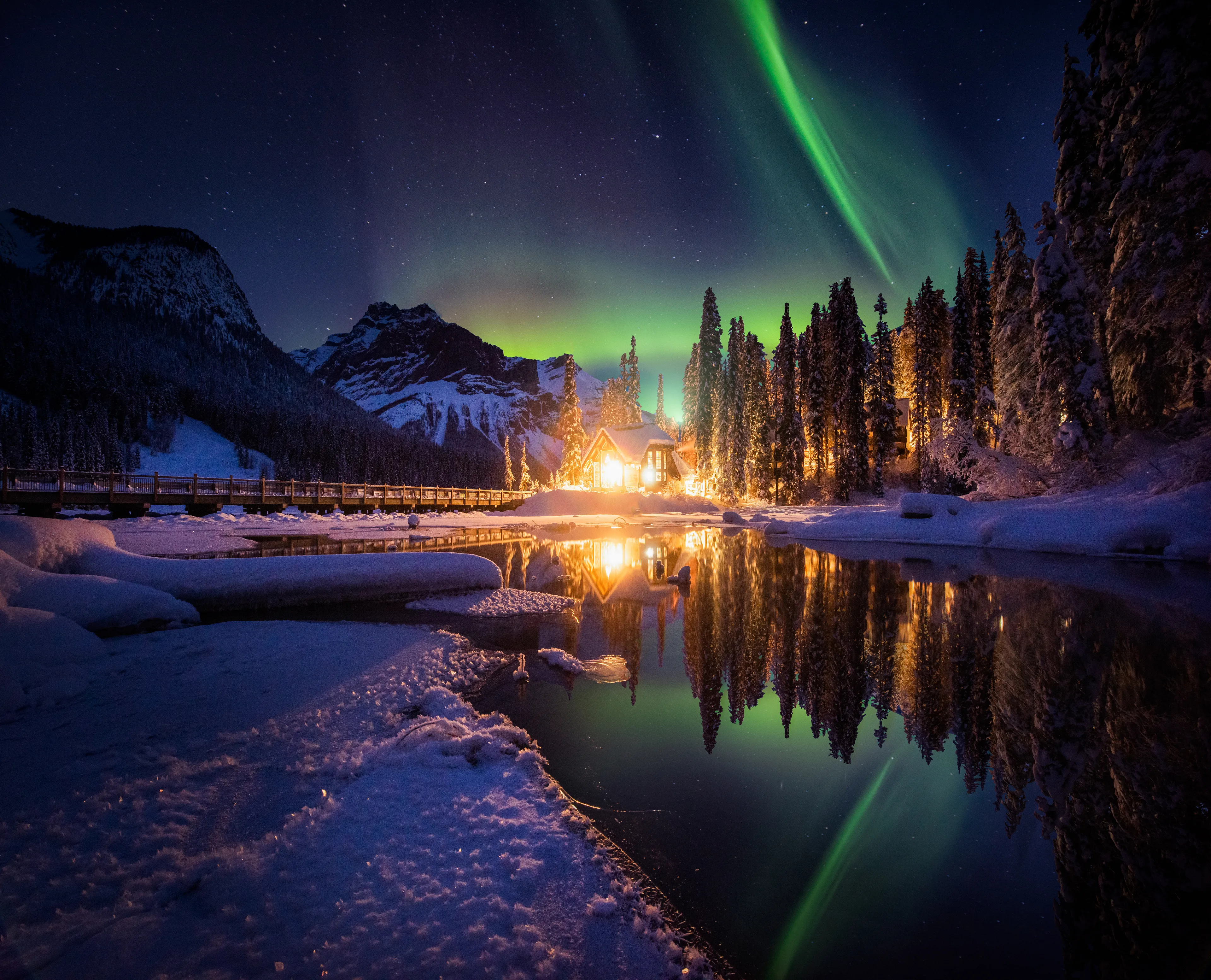 One of my more recent artistic creations I made during a trip up to the Canadian Rockies. I used multiple exposures to composite this final piece of the dancing auroras above the well known Emerald Lake Lodge. 

Image Size 6070x4912 300DPI

The collector of this piece will receive a metal print of this art shipped to their door.