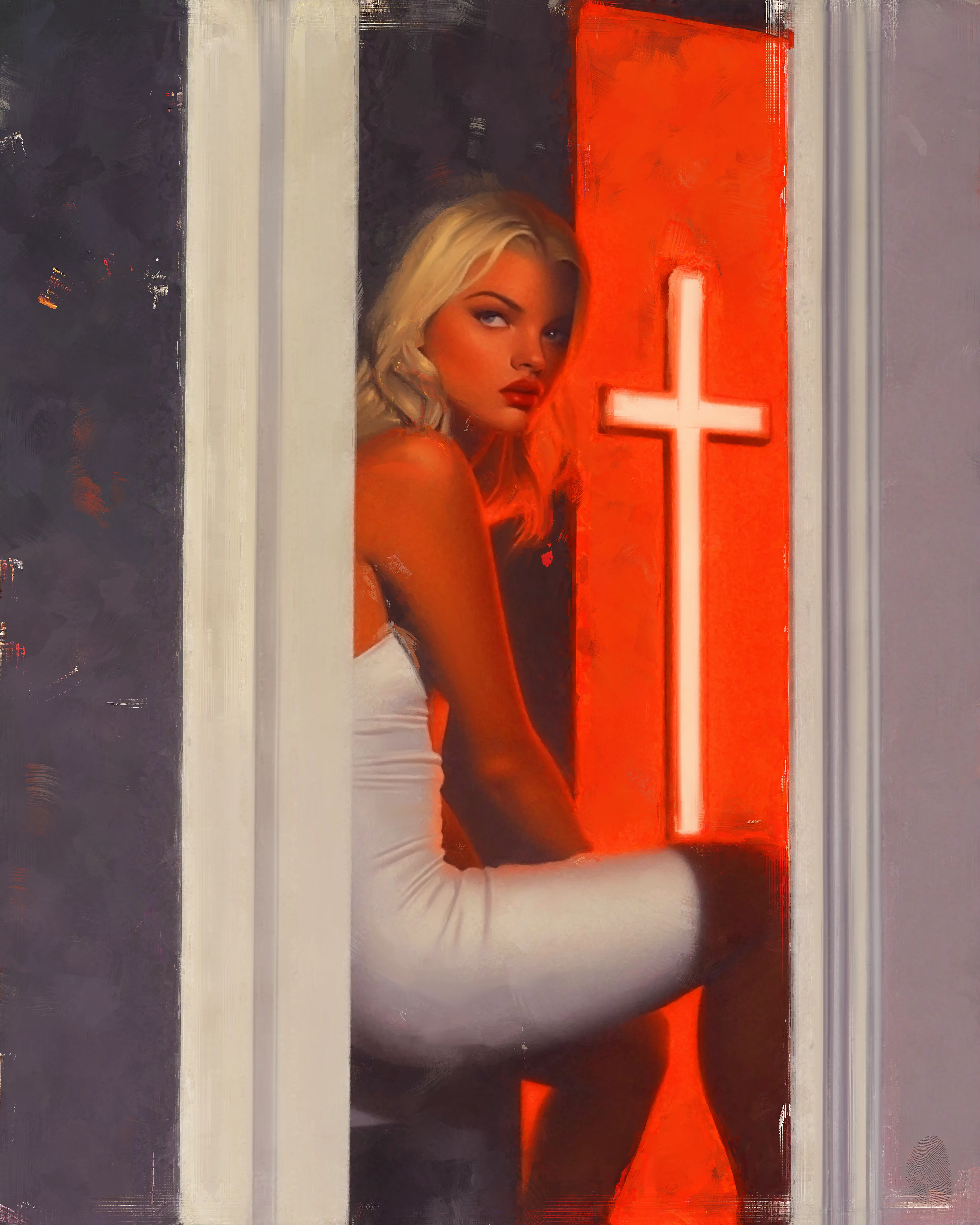 The cross outside flickers like it still believes in redemption. She doesn’t. Not anymore.