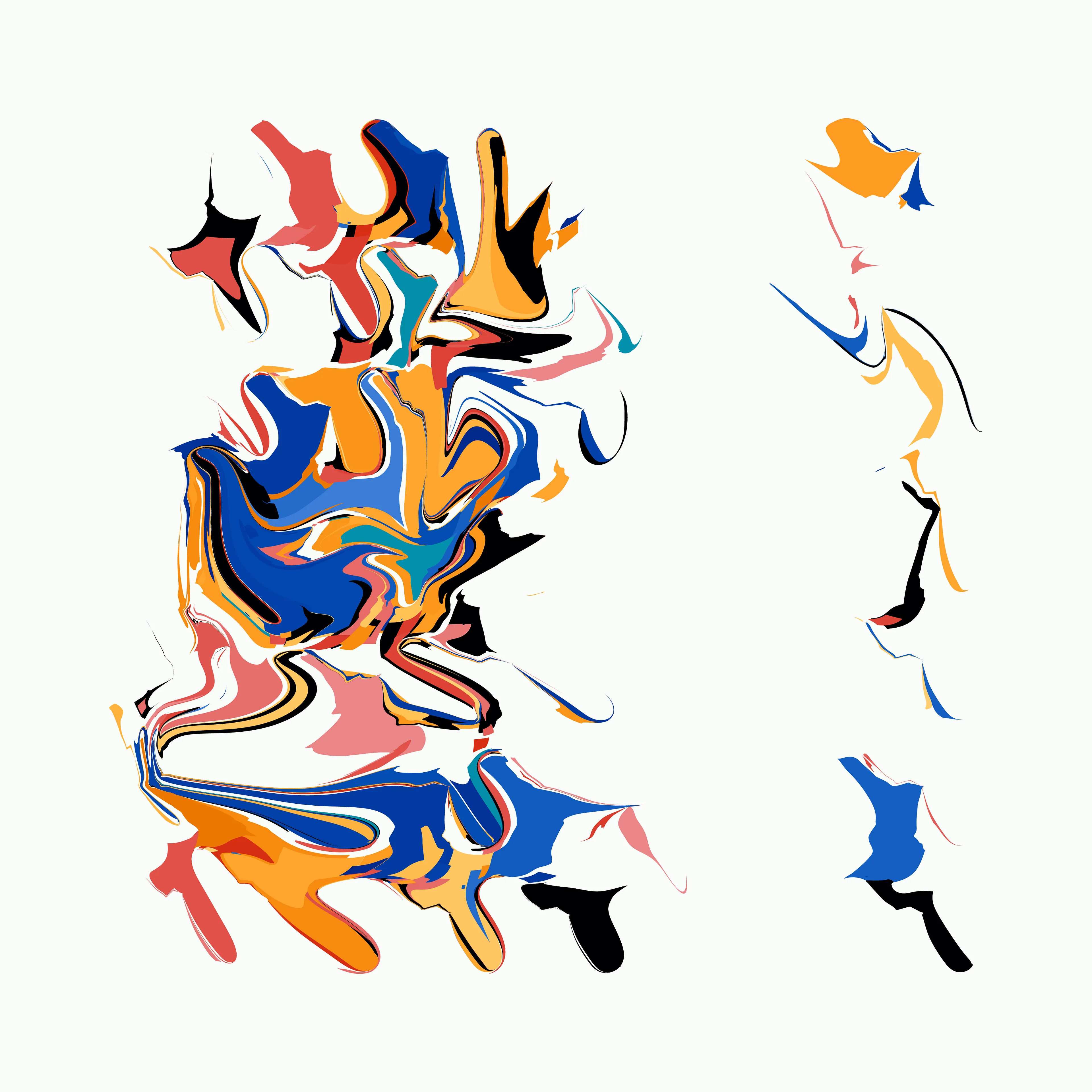 Our world is made up of near infinite examples of events that paradoxically represent both order and chaos. Chaos theory’s most famous tenant, the Butterfly Effect, explains how imperceptible changes in initial conditions can lead to massive and unpredictable differences in outcomes: how a butterfly flapping its wings weeks earlier may lead to a hurricane taking a different course.

Wander positions Rhythm & the Machine at the paradox point, building a system that visually suggests both order and chaos, striking a different balance in each composition. Saturated color fields reminiscent of paint moving through water are seemingly randomly distorted and dragged across the canvas. All the while repeating colors and evenly spaced gestures point to an underlying ordered system.

Intuitively you would not expect repeating the same thing over and over would lead to disorder, yet this is exactly what you find with many systems, such as pseudo-random number generators that are foundational to algorithmic generative art.

Through a reduced system that elevates a few “random” elements—the placement & size of colored geometric shapes, the direction & intensity of the gesture—Rhythm & the Machine introduces distortionary forces that Wander does not dictate nor completely control. Suddenly each cluster of colors takes on a life of its own, creating new forms we cannot predict.

Each work in the collection contains a second ‘instruction’ layer, which maps how the original colored shapes are placed and then distorted. This ‘instruction’ layer reminds us that chaos is in fact rooted in ordered systems. We can see the before and the after of the directional forces, how regular shapes became an abstracted color field. At the same time, the interactions are so complex and layered that trying to anticipate the future is a futile effort. We can try to understand but we cannot predict: a visual articulation of the butterfly effect. This insight is given added weight since the instruction layer is artificial and not a priori to the original digital work, where all of these functions happen simultaneously. The artist constructed it to provide the viewer this unique insight.

We see the moment of divergence, repeated not just in a single canvas but also across the collection. The wide range of possibilities alludes to infinity—a concept impossible to fully comprehend but in this reduced visual language Wander shows us a piece of it and our minds are able to begin to explore the spread if not the edges.