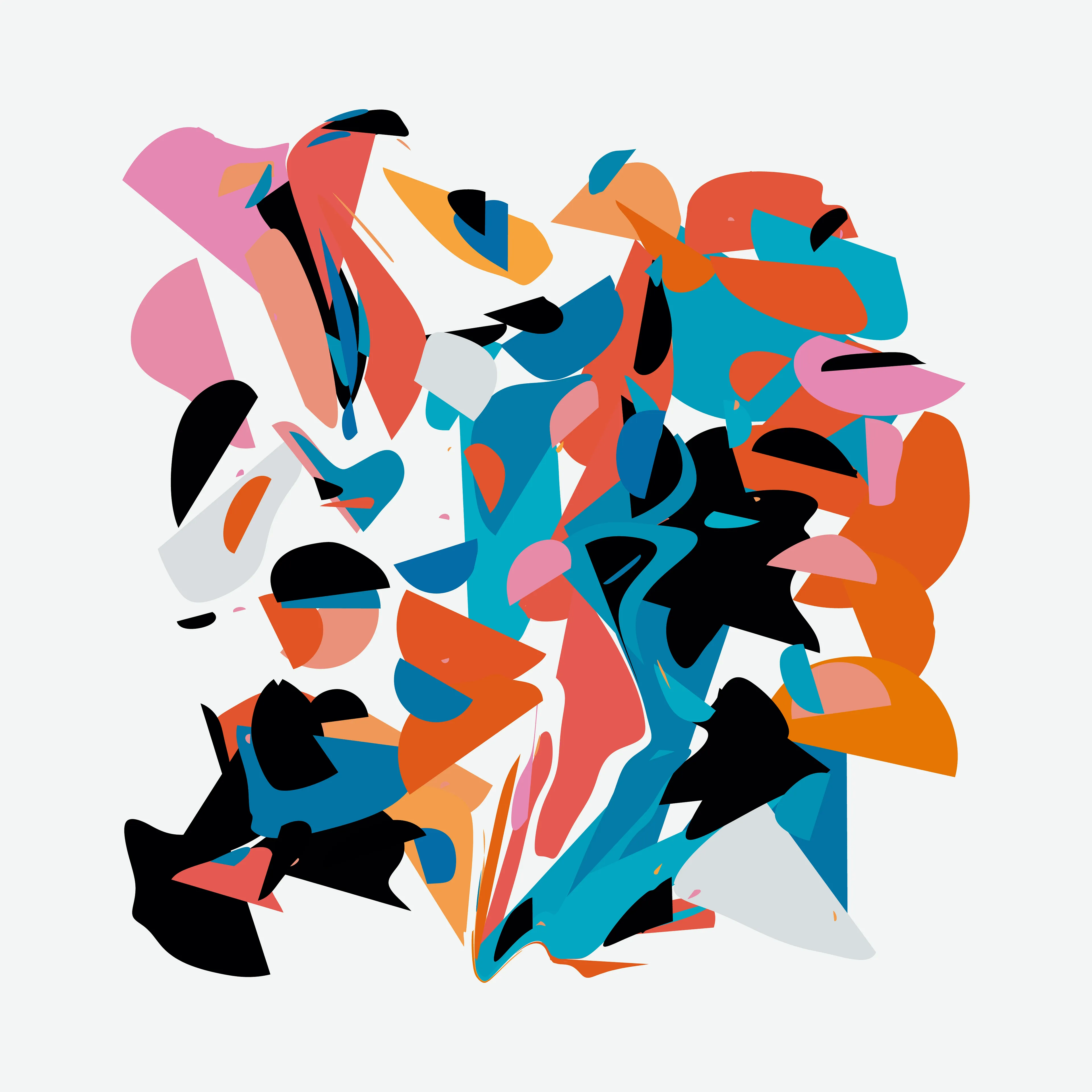 Our world is made up of near infinite examples of events that paradoxically represent both order and chaos. Chaos theory’s most famous tenant, the Butterfly Effect, explains how imperceptible changes in initial conditions can lead to massive and unpredictable differences in outcomes: how a butterfly flapping its wings weeks earlier may lead to a hurricane taking a different course.

Wander positions Rhythm & the Machine at the paradox point, building a system that visually suggests both order and chaos, striking a different balance in each composition. Saturated color fields reminiscent of paint moving through water are seemingly randomly distorted and dragged across the canvas. All the while repeating colors and evenly spaced gestures point to an underlying ordered system.

Intuitively you would not expect repeating the same thing over and over would lead to disorder, yet this is exactly what you find with many systems, such as pseudo-random number generators that are foundational to algorithmic generative art.

Through a reduced system that elevates a few “random” elements—the placement & size of colored geometric shapes, the direction & intensity of the gesture—Rhythm & the Machine introduces distortionary forces that Wander does not dictate nor completely control. Suddenly each cluster of colors takes on a life of its own, creating new forms we cannot predict.

Each work in the collection contains a second ‘instruction’ layer, which maps how the original colored shapes are placed and then distorted. This ‘instruction’ layer reminds us that chaos is in fact rooted in ordered systems. We can see the before and the after of the directional forces, how regular shapes became an abstracted color field. At the same time, the interactions are so complex and layered that trying to anticipate the future is a futile effort. We can try to understand but we cannot predict: a visual articulation of the butterfly effect. This insight is given added weight since the instruction layer is artificial and not a priori to the original digital work, where all of these functions happen simultaneously. The artist constructed it to provide the viewer this unique insight.

We see the moment of divergence, repeated not just in a single canvas but also across the collection. The wide range of possibilities alludes to infinity—a concept impossible to fully comprehend but in this reduced visual language Wander shows us a piece of it and our minds are able to begin to explore the spread if not the edges.