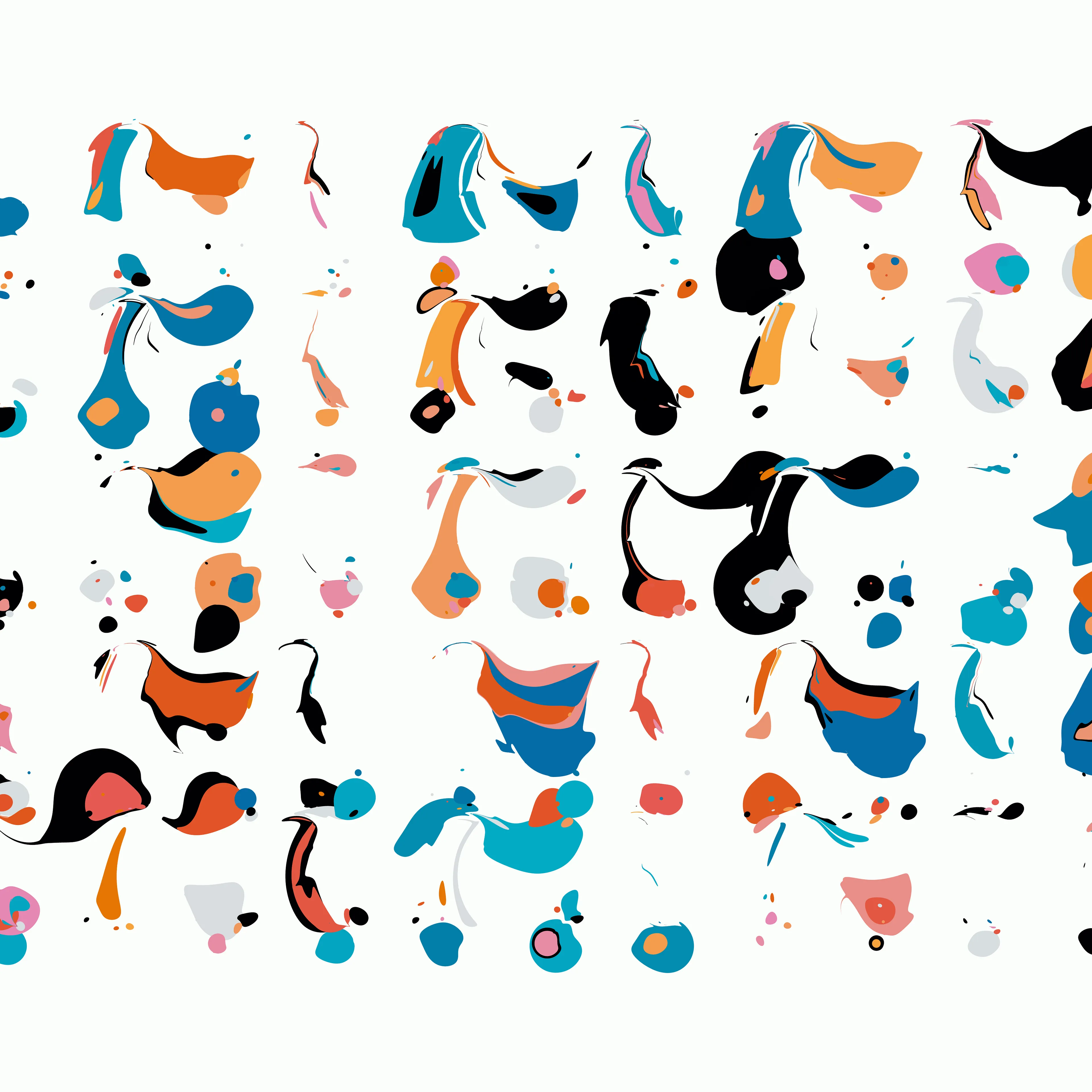 Our world is made up of near infinite examples of events that paradoxically represent both order and chaos. Chaos theory’s most famous tenant, the Butterfly Effect, explains how imperceptible changes in initial conditions can lead to massive and unpredictable differences in outcomes: how a butterfly flapping its wings weeks earlier may lead to a hurricane taking a different course.

Wander positions Rhythm & the Machine at the paradox point, building a system that visually suggests both order and chaos, striking a different balance in each composition. Saturated color fields reminiscent of paint moving through water are seemingly randomly distorted and dragged across the canvas. All the while repeating colors and evenly spaced gestures point to an underlying ordered system.

Intuitively you would not expect repeating the same thing over and over would lead to disorder, yet this is exactly what you find with many systems, such as pseudo-random number generators that are foundational to algorithmic generative art.

Through a reduced system that elevates a few “random” elements—the placement & size of colored geometric shapes, the direction & intensity of the gesture—Rhythm & the Machine introduces distortionary forces that Wander does not dictate nor completely control. Suddenly each cluster of colors takes on a life of its own, creating new forms we cannot predict.

Each work in the collection contains a second ‘instruction’ layer, which maps how the original colored shapes are placed and then distorted. This ‘instruction’ layer reminds us that chaos is in fact rooted in ordered systems. We can see the before and the after of the directional forces, how regular shapes became an abstracted color field. At the same time, the interactions are so complex and layered that trying to anticipate the future is a futile effort. We can try to understand but we cannot predict: a visual articulation of the butterfly effect. This insight is given added weight since the instruction layer is artificial and not a priori to the original digital work, where all of these functions happen simultaneously. The artist constructed it to provide the viewer this unique insight.

We see the moment of divergence, repeated not just in a single canvas but also across the collection. The wide range of possibilities alludes to infinity—a concept impossible to fully comprehend but in this reduced visual language Wander shows us a piece of it and our minds are able to begin to explore the spread if not the edges.