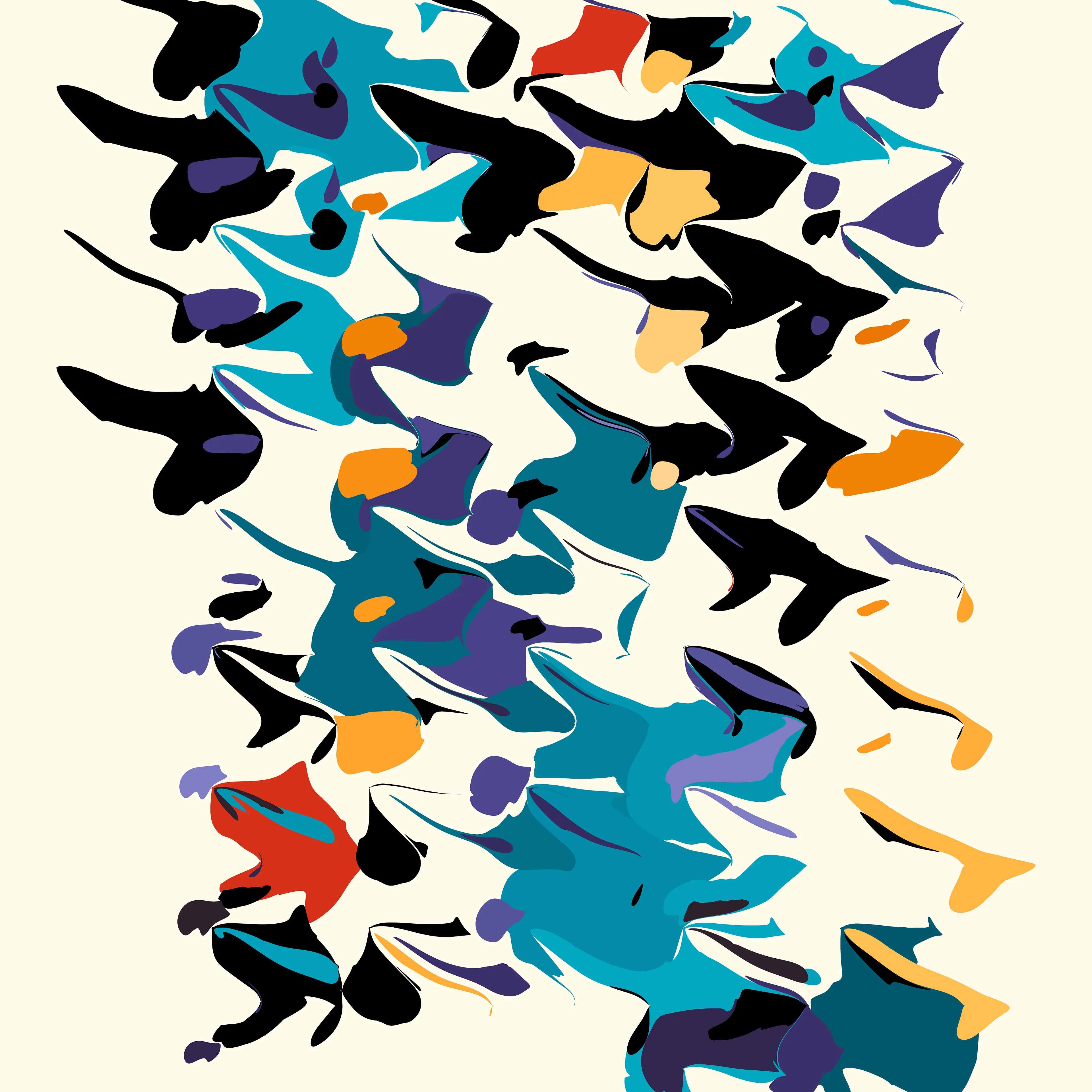 Our world is made up of near infinite examples of events that paradoxically represent both order and chaos. Chaos theory’s most famous tenant, the Butterfly Effect, explains how imperceptible changes in initial conditions can lead to massive and unpredictable differences in outcomes: how a butterfly flapping its wings weeks earlier may lead to a hurricane taking a different course.

Wander positions Rhythm & the Machine at the paradox point, building a system that visually suggests both order and chaos, striking a different balance in each composition. Saturated color fields reminiscent of paint moving through water are seemingly randomly distorted and dragged across the canvas. All the while repeating colors and evenly spaced gestures point to an underlying ordered system.

Intuitively you would not expect repeating the same thing over and over would lead to disorder, yet this is exactly what you find with many systems, such as pseudo-random number generators that are foundational to algorithmic generative art.

Through a reduced system that elevates a few “random” elements—the placement & size of colored geometric shapes, the direction & intensity of the gesture—Rhythm & the Machine introduces distortionary forces that Wander does not dictate nor completely control. Suddenly each cluster of colors takes on a life of its own, creating new forms we cannot predict.

Each work in the collection contains a second ‘instruction’ layer, which maps how the original colored shapes are placed and then distorted. This ‘instruction’ layer reminds us that chaos is in fact rooted in ordered systems. We can see the before and the after of the directional forces, how regular shapes became an abstracted color field. At the same time, the interactions are so complex and layered that trying to anticipate the future is a futile effort. We can try to understand but we cannot predict: a visual articulation of the butterfly effect. This insight is given added weight since the instruction layer is artificial and not a priori to the original digital work, where all of these functions happen simultaneously. The artist constructed it to provide the viewer this unique insight.

We see the moment of divergence, repeated not just in a single canvas but also across the collection. The wide range of possibilities alludes to infinity—a concept impossible to fully comprehend but in this reduced visual language Wander shows us a piece of it and our minds are able to begin to explore the spread if not the edges.