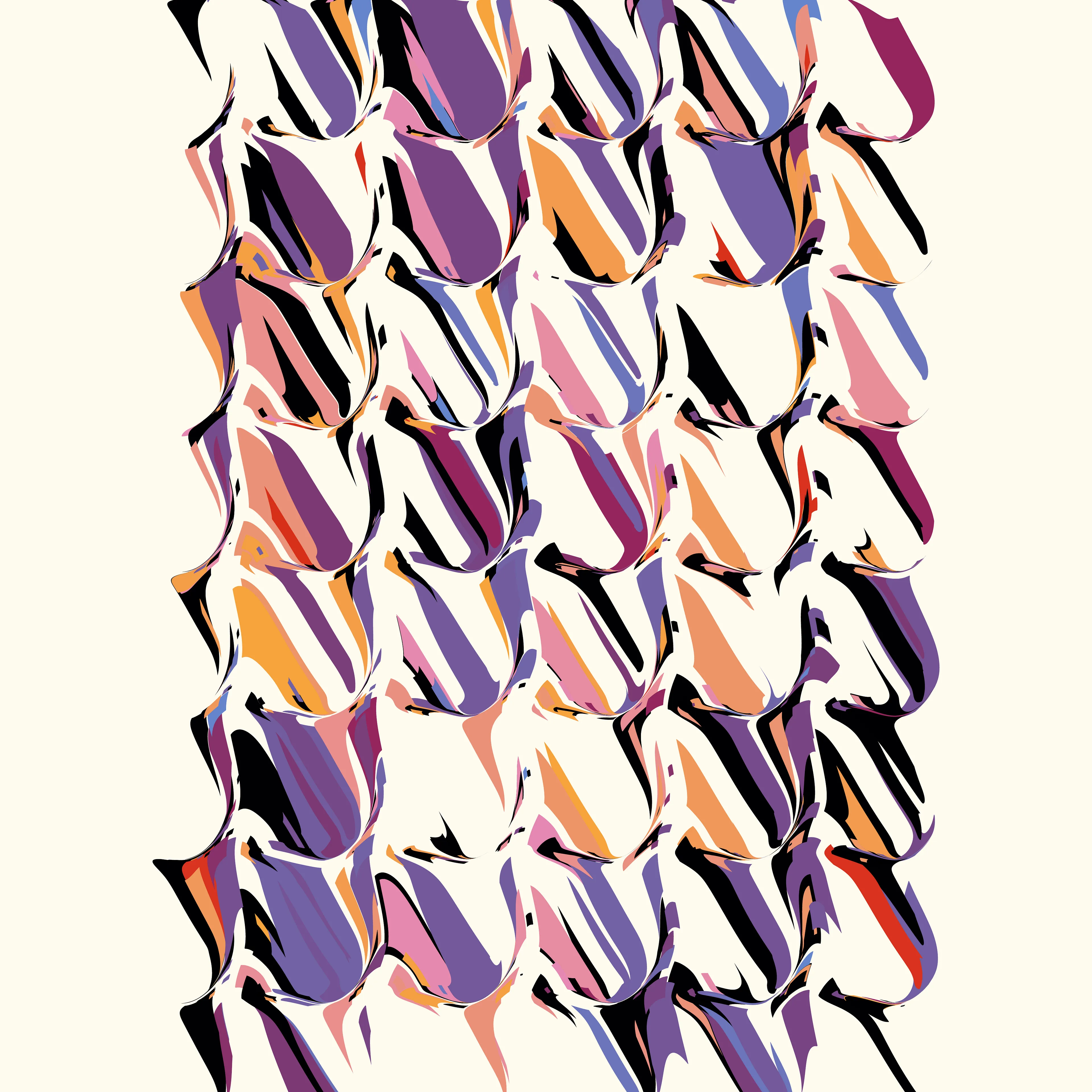 Our world is made up of near infinite examples of events that paradoxically represent both order and chaos. Chaos theory’s most famous tenant, the Butterfly Effect, explains how imperceptible changes in initial conditions can lead to massive and unpredictable differences in outcomes: how a butterfly flapping its wings weeks earlier may lead to a hurricane taking a different course.

Wander positions Rhythm & the Machine at the paradox point, building a system that visually suggests both order and chaos, striking a different balance in each composition. Saturated color fields reminiscent of paint moving through water are seemingly randomly distorted and dragged across the canvas. All the while repeating colors and evenly spaced gestures point to an underlying ordered system.

Intuitively you would not expect repeating the same thing over and over would lead to disorder, yet this is exactly what you find with many systems, such as pseudo-random number generators that are foundational to algorithmic generative art.

Through a reduced system that elevates a few “random” elements—the placement & size of colored geometric shapes, the direction & intensity of the gesture—Rhythm & the Machine introduces distortionary forces that Wander does not dictate nor completely control. Suddenly each cluster of colors takes on a life of its own, creating new forms we cannot predict.

Each work in the collection contains a second ‘instruction’ layer, which maps how the original colored shapes are placed and then distorted. This ‘instruction’ layer reminds us that chaos is in fact rooted in ordered systems. We can see the before and the after of the directional forces, how regular shapes became an abstracted color field. At the same time, the interactions are so complex and layered that trying to anticipate the future is a futile effort. We can try to understand but we cannot predict: a visual articulation of the butterfly effect. This insight is given added weight since the instruction layer is artificial and not a priori to the original digital work, where all of these functions happen simultaneously. The artist constructed it to provide the viewer this unique insight.

We see the moment of divergence, repeated not just in a single canvas but also across the collection. The wide range of possibilities alludes to infinity—a concept impossible to fully comprehend but in this reduced visual language Wander shows us a piece of it and our minds are able to begin to explore the spread if not the edges.