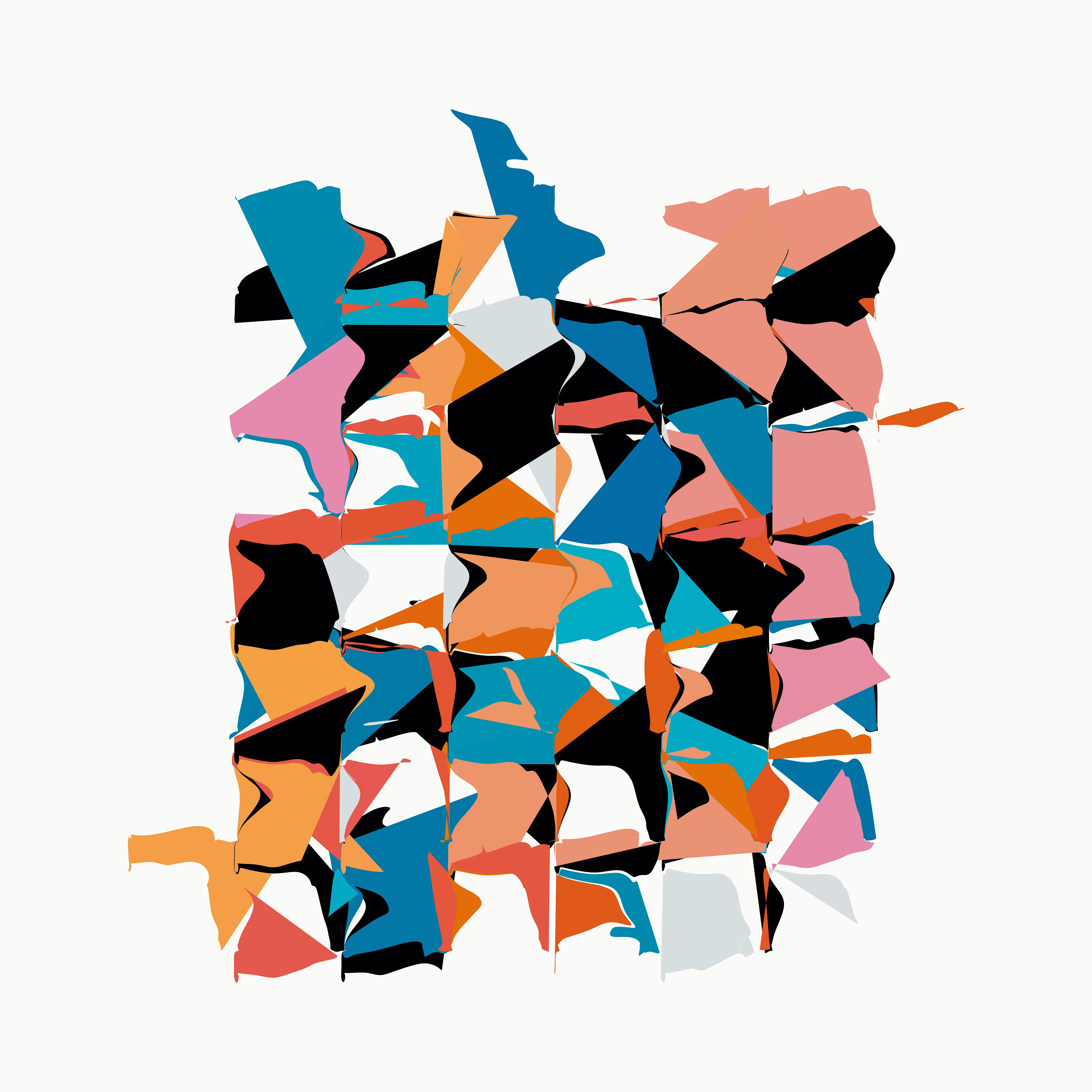 Our world is made up of near infinite examples of events that paradoxically represent both order and chaos. Chaos theory’s most famous tenant, the Butterfly Effect, explains how imperceptible changes in initial conditions can lead to massive and unpredictable differences in outcomes: how a butterfly flapping its wings weeks earlier may lead to a hurricane taking a different course.

Wander positions Rhythm & the Machine at the paradox point, building a system that visually suggests both order and chaos, striking a different balance in each composition. Saturated color fields reminiscent of paint moving through water are seemingly randomly distorted and dragged across the canvas. All the while repeating colors and evenly spaced gestures point to an underlying ordered system.

Intuitively you would not expect repeating the same thing over and over would lead to disorder, yet this is exactly what you find with many systems, such as pseudo-random number generators that are foundational to algorithmic generative art.

Through a reduced system that elevates a few “random” elements—the placement & size of colored geometric shapes, the direction & intensity of the gesture—Rhythm & the Machine introduces distortionary forces that Wander does not dictate nor completely control. Suddenly each cluster of colors takes on a life of its own, creating new forms we cannot predict.

Each work in the collection contains a second ‘instruction’ layer, which maps how the original colored shapes are placed and then distorted. This ‘instruction’ layer reminds us that chaos is in fact rooted in ordered systems. We can see the before and the after of the directional forces, how regular shapes became an abstracted color field. At the same time, the interactions are so complex and layered that trying to anticipate the future is a futile effort. We can try to understand but we cannot predict: a visual articulation of the butterfly effect. This insight is given added weight since the instruction layer is artificial and not a priori to the original digital work, where all of these functions happen simultaneously. The artist constructed it to provide the viewer this unique insight.

We see the moment of divergence, repeated not just in a single canvas but also across the collection. The wide range of possibilities alludes to infinity—a concept impossible to fully comprehend but in this reduced visual language Wander shows us a piece of it and our minds are able to begin to explore the spread if not the edges.