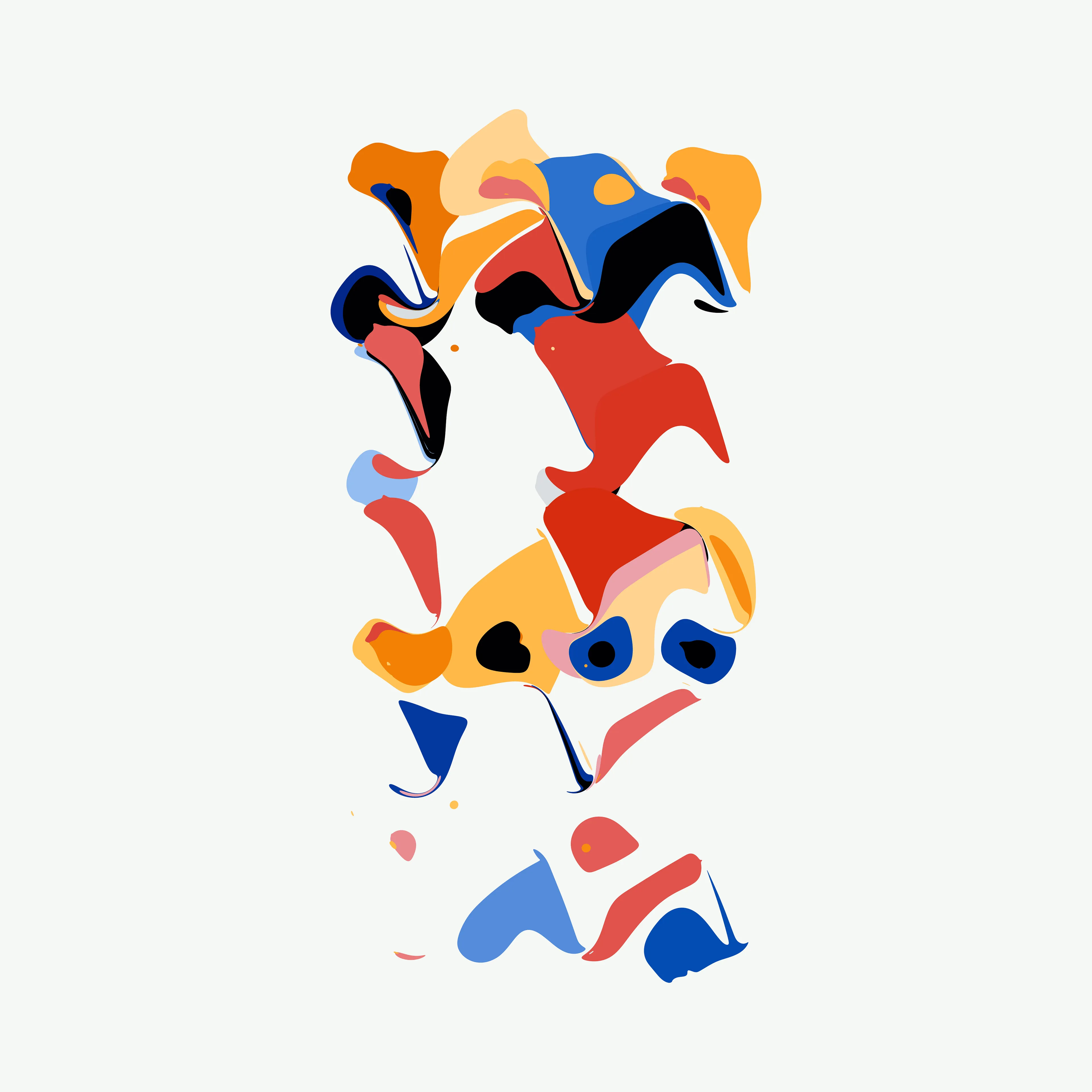 Our world is made up of near infinite examples of events that paradoxically represent both order and chaos. Chaos theory’s most famous tenant, the Butterfly Effect, explains how imperceptible changes in initial conditions can lead to massive and unpredictable differences in outcomes: how a butterfly flapping its wings weeks earlier may lead to a hurricane taking a different course.

Wander positions Rhythm & the Machine at the paradox point, building a system that visually suggests both order and chaos, striking a different balance in each composition. Saturated color fields reminiscent of paint moving through water are seemingly randomly distorted and dragged across the canvas. All the while repeating colors and evenly spaced gestures point to an underlying ordered system.

Intuitively you would not expect repeating the same thing over and over would lead to disorder, yet this is exactly what you find with many systems, such as pseudo-random number generators that are foundational to algorithmic generative art.

Through a reduced system that elevates a few “random” elements—the placement & size of colored geometric shapes, the direction & intensity of the gesture—Rhythm & the Machine introduces distortionary forces that Wander does not dictate nor completely control. Suddenly each cluster of colors takes on a life of its own, creating new forms we cannot predict.

Each work in the collection contains a second ‘instruction’ layer, which maps how the original colored shapes are placed and then distorted. This ‘instruction’ layer reminds us that chaos is in fact rooted in ordered systems. We can see the before and the after of the directional forces, how regular shapes became an abstracted color field. At the same time, the interactions are so complex and layered that trying to anticipate the future is a futile effort. We can try to understand but we cannot predict: a visual articulation of the butterfly effect. This insight is given added weight since the instruction layer is artificial and not a priori to the original digital work, where all of these functions happen simultaneously. The artist constructed it to provide the viewer this unique insight.

We see the moment of divergence, repeated not just in a single canvas but also across the collection. The wide range of possibilities alludes to infinity—a concept impossible to fully comprehend but in this reduced visual language Wander shows us a piece of it and our minds are able to begin to explore the spread if not the edges.