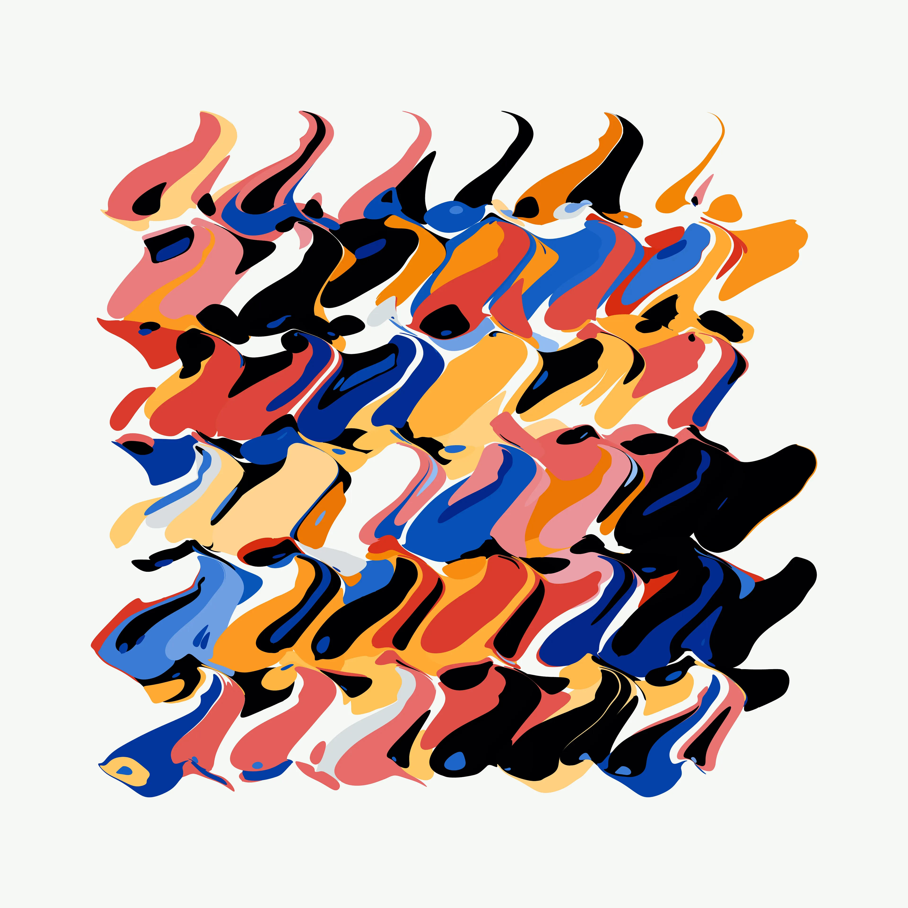 Our world is made up of near infinite examples of events that paradoxically represent both order and chaos. Chaos theory’s most famous tenant, the Butterfly Effect, explains how imperceptible changes in initial conditions can lead to massive and unpredictable differences in outcomes: how a butterfly flapping its wings weeks earlier may lead to a hurricane taking a different course.

Wander positions Rhythm & the Machine at the paradox point, building a system that visually suggests both order and chaos, striking a different balance in each composition. Saturated color fields reminiscent of paint moving through water are seemingly randomly distorted and dragged across the canvas. All the while repeating colors and evenly spaced gestures point to an underlying ordered system.

Intuitively you would not expect repeating the same thing over and over would lead to disorder, yet this is exactly what you find with many systems, such as pseudo-random number generators that are foundational to algorithmic generative art.

Through a reduced system that elevates a few “random” elements—the placement & size of colored geometric shapes, the direction & intensity of the gesture—Rhythm & the Machine introduces distortionary forces that Wander does not dictate nor completely control. Suddenly each cluster of colors takes on a life of its own, creating new forms we cannot predict.

Each work in the collection contains a second ‘instruction’ layer, which maps how the original colored shapes are placed and then distorted. This ‘instruction’ layer reminds us that chaos is in fact rooted in ordered systems. We can see the before and the after of the directional forces, how regular shapes became an abstracted color field. At the same time, the interactions are so complex and layered that trying to anticipate the future is a futile effort. We can try to understand but we cannot predict: a visual articulation of the butterfly effect. This insight is given added weight since the instruction layer is artificial and not a priori to the original digital work, where all of these functions happen simultaneously. The artist constructed it to provide the viewer this unique insight.

We see the moment of divergence, repeated not just in a single canvas but also across the collection. The wide range of possibilities alludes to infinity—a concept impossible to fully comprehend but in this reduced visual language Wander shows us a piece of it and our minds are able to begin to explore the spread if not the edges.