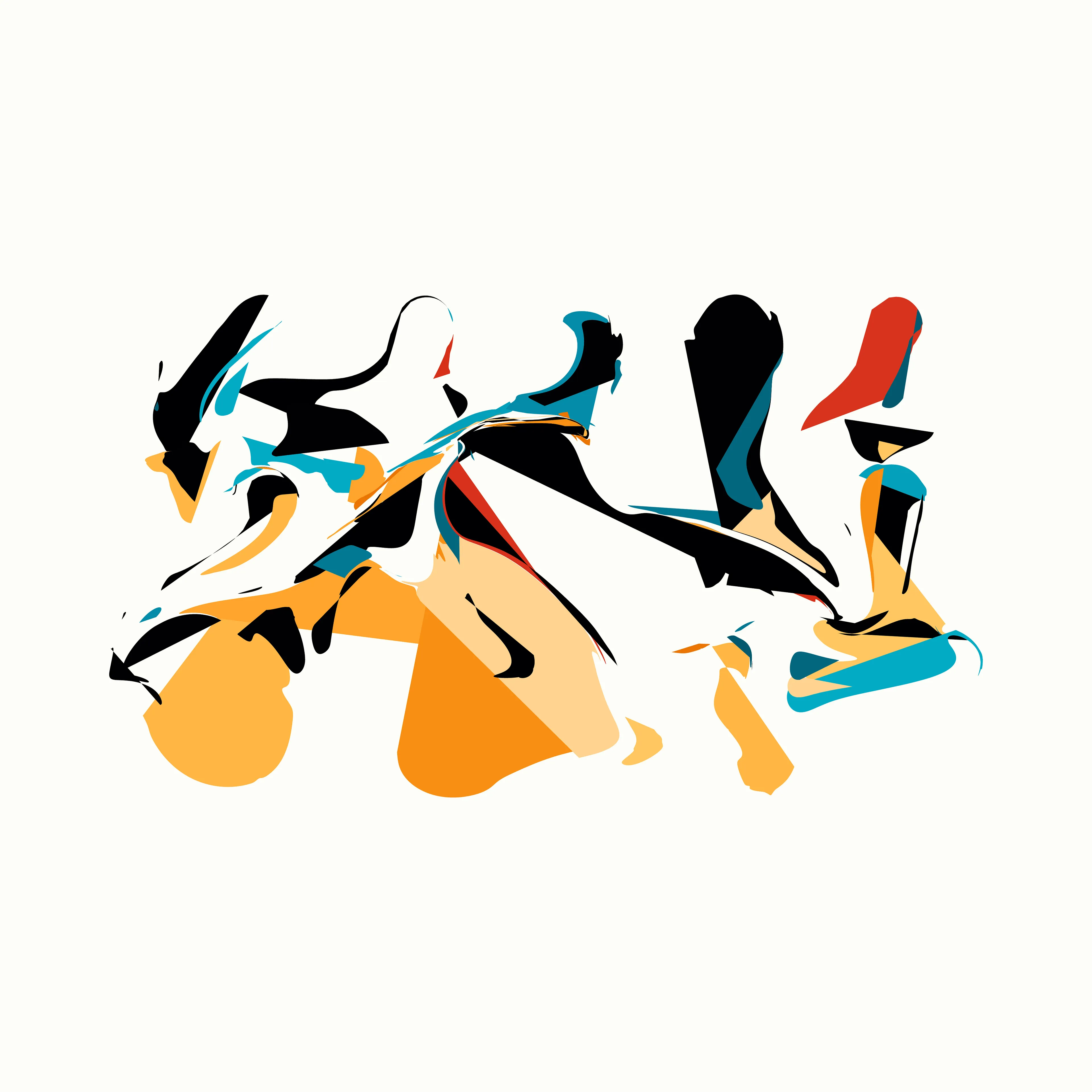 Our world is made up of near infinite examples of events that paradoxically represent both order and chaos. Chaos theory’s most famous tenant, the Butterfly Effect, explains how imperceptible changes in initial conditions can lead to massive and unpredictable differences in outcomes: how a butterfly flapping its wings weeks earlier may lead to a hurricane taking a different course.

Wander positions Rhythm & the Machine at the paradox point, building a system that visually suggests both order and chaos, striking a different balance in each composition. Saturated color fields reminiscent of paint moving through water are seemingly randomly distorted and dragged across the canvas. All the while repeating colors and evenly spaced gestures point to an underlying ordered system.

Intuitively you would not expect repeating the same thing over and over would lead to disorder, yet this is exactly what you find with many systems, such as pseudo-random number generators that are foundational to algorithmic generative art.

Through a reduced system that elevates a few “random” elements—the placement & size of colored geometric shapes, the direction & intensity of the gesture—Rhythm & the Machine introduces distortionary forces that Wander does not dictate nor completely control. Suddenly each cluster of colors takes on a life of its own, creating new forms we cannot predict.

Each work in the collection contains a second ‘instruction’ layer, which maps how the original colored shapes are placed and then distorted. This ‘instruction’ layer reminds us that chaos is in fact rooted in ordered systems. We can see the before and the after of the directional forces, how regular shapes became an abstracted color field. At the same time, the interactions are so complex and layered that trying to anticipate the future is a futile effort. We can try to understand but we cannot predict: a visual articulation of the butterfly effect. This insight is given added weight since the instruction layer is artificial and not a priori to the original digital work, where all of these functions happen simultaneously. The artist constructed it to provide the viewer this unique insight.

We see the moment of divergence, repeated not just in a single canvas but also across the collection. The wide range of possibilities alludes to infinity—a concept impossible to fully comprehend but in this reduced visual language Wander shows us a piece of it and our minds are able to begin to explore the spread if not the edges.