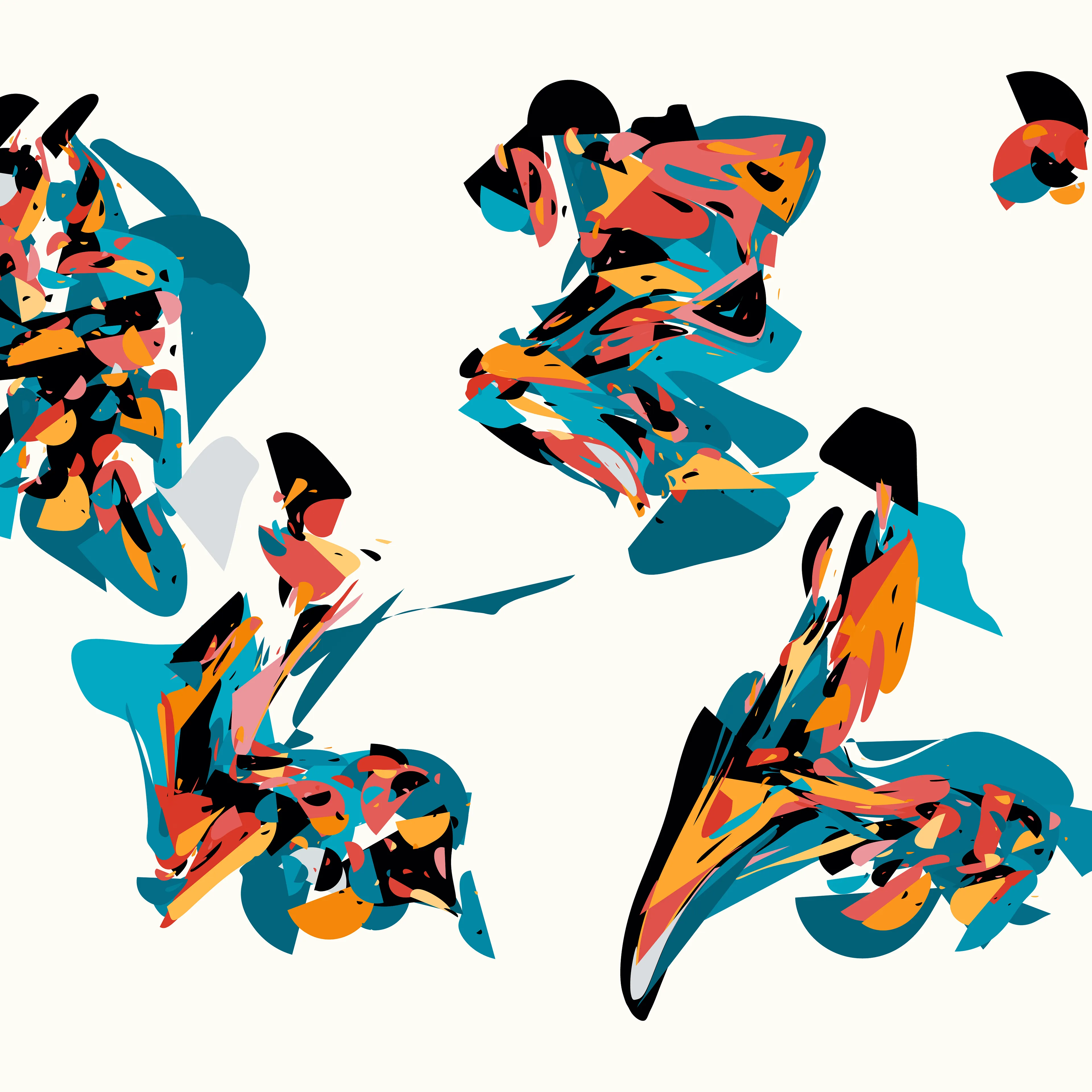 Our world is made up of near infinite examples of events that paradoxically represent both order and chaos. Chaos theory’s most famous tenant, the Butterfly Effect, explains how imperceptible changes in initial conditions can lead to massive and unpredictable differences in outcomes: how a butterfly flapping its wings weeks earlier may lead to a hurricane taking a different course.

Wander positions Rhythm & the Machine at the paradox point, building a system that visually suggests both order and chaos, striking a different balance in each composition. Saturated color fields reminiscent of paint moving through water are seemingly randomly distorted and dragged across the canvas. All the while repeating colors and evenly spaced gestures point to an underlying ordered system.

Intuitively you would not expect repeating the same thing over and over would lead to disorder, yet this is exactly what you find with many systems, such as pseudo-random number generators that are foundational to algorithmic generative art.

Through a reduced system that elevates a few “random” elements—the placement & size of colored geometric shapes, the direction & intensity of the gesture—Rhythm & the Machine introduces distortionary forces that Wander does not dictate nor completely control. Suddenly each cluster of colors takes on a life of its own, creating new forms we cannot predict.

Each work in the collection contains a second ‘instruction’ layer, which maps how the original colored shapes are placed and then distorted. This ‘instruction’ layer reminds us that chaos is in fact rooted in ordered systems. We can see the before and the after of the directional forces, how regular shapes became an abstracted color field. At the same time, the interactions are so complex and layered that trying to anticipate the future is a futile effort. We can try to understand but we cannot predict: a visual articulation of the butterfly effect. This insight is given added weight since the instruction layer is artificial and not a priori to the original digital work, where all of these functions happen simultaneously. The artist constructed it to provide the viewer this unique insight.

We see the moment of divergence, repeated not just in a single canvas but also across the collection. The wide range of possibilities alludes to infinity—a concept impossible to fully comprehend but in this reduced visual language Wander shows us a piece of it and our minds are able to begin to explore the spread if not the edges.
