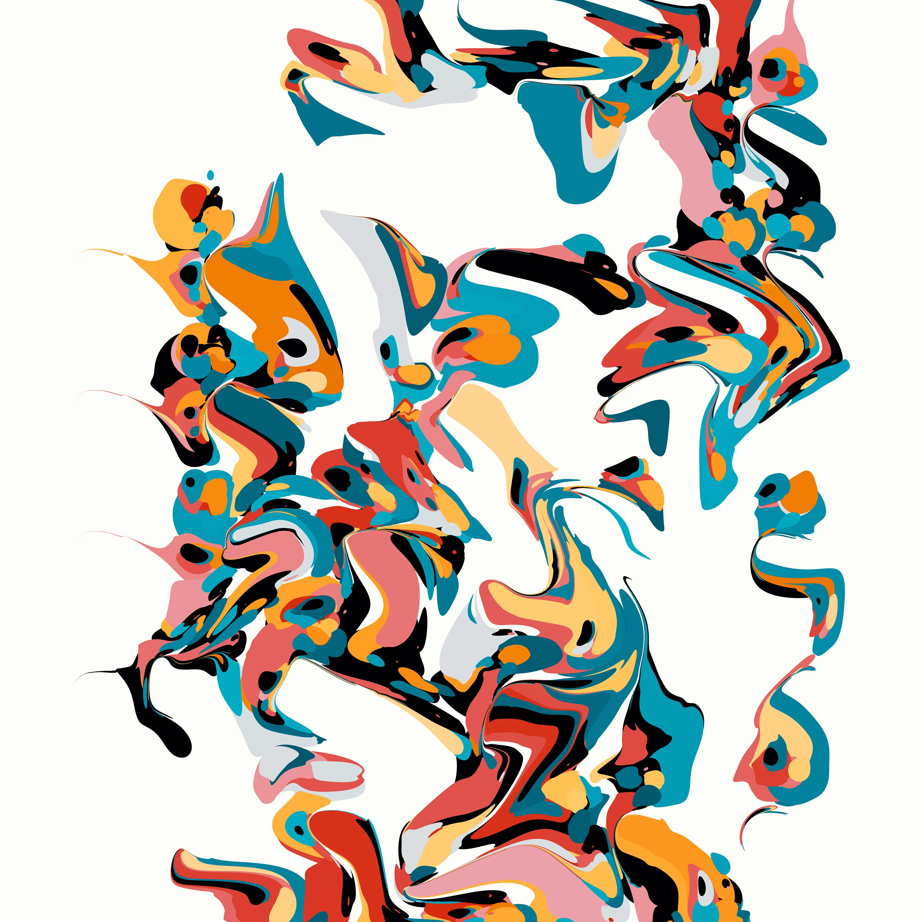 Our world is made up of near infinite examples of events that paradoxically represent both order and chaos. Chaos theory’s most famous tenant, the Butterfly Effect, explains how imperceptible changes in initial conditions can lead to massive and unpredictable differences in outcomes: how a butterfly flapping its wings weeks earlier may lead to a hurricane taking a different course.

Wander positions Rhythm & the Machine at the paradox point, building a system that visually suggests both order and chaos, striking a different balance in each composition. Saturated color fields reminiscent of paint moving through water are seemingly randomly distorted and dragged across the canvas. All the while repeating colors and evenly spaced gestures point to an underlying ordered system.

Intuitively you would not expect repeating the same thing over and over would lead to disorder, yet this is exactly what you find with many systems, such as pseudo-random number generators that are foundational to algorithmic generative art.

Through a reduced system that elevates a few “random” elements—the placement & size of colored geometric shapes, the direction & intensity of the gesture—Rhythm & the Machine introduces distortionary forces that Wander does not dictate nor completely control. Suddenly each cluster of colors takes on a life of its own, creating new forms we cannot predict.

Each work in the collection contains a second ‘instruction’ layer, which maps how the original colored shapes are placed and then distorted. This ‘instruction’ layer reminds us that chaos is in fact rooted in ordered systems. We can see the before and the after of the directional forces, how regular shapes became an abstracted color field. At the same time, the interactions are so complex and layered that trying to anticipate the future is a futile effort. We can try to understand but we cannot predict: a visual articulation of the butterfly effect. This insight is given added weight since the instruction layer is artificial and not a priori to the original digital work, where all of these functions happen simultaneously. The artist constructed it to provide the viewer this unique insight.

We see the moment of divergence, repeated not just in a single canvas but also across the collection. The wide range of possibilities alludes to infinity—a concept impossible to fully comprehend but in this reduced visual language Wander shows us a piece of it and our minds are able to begin to explore the spread if not the edges.