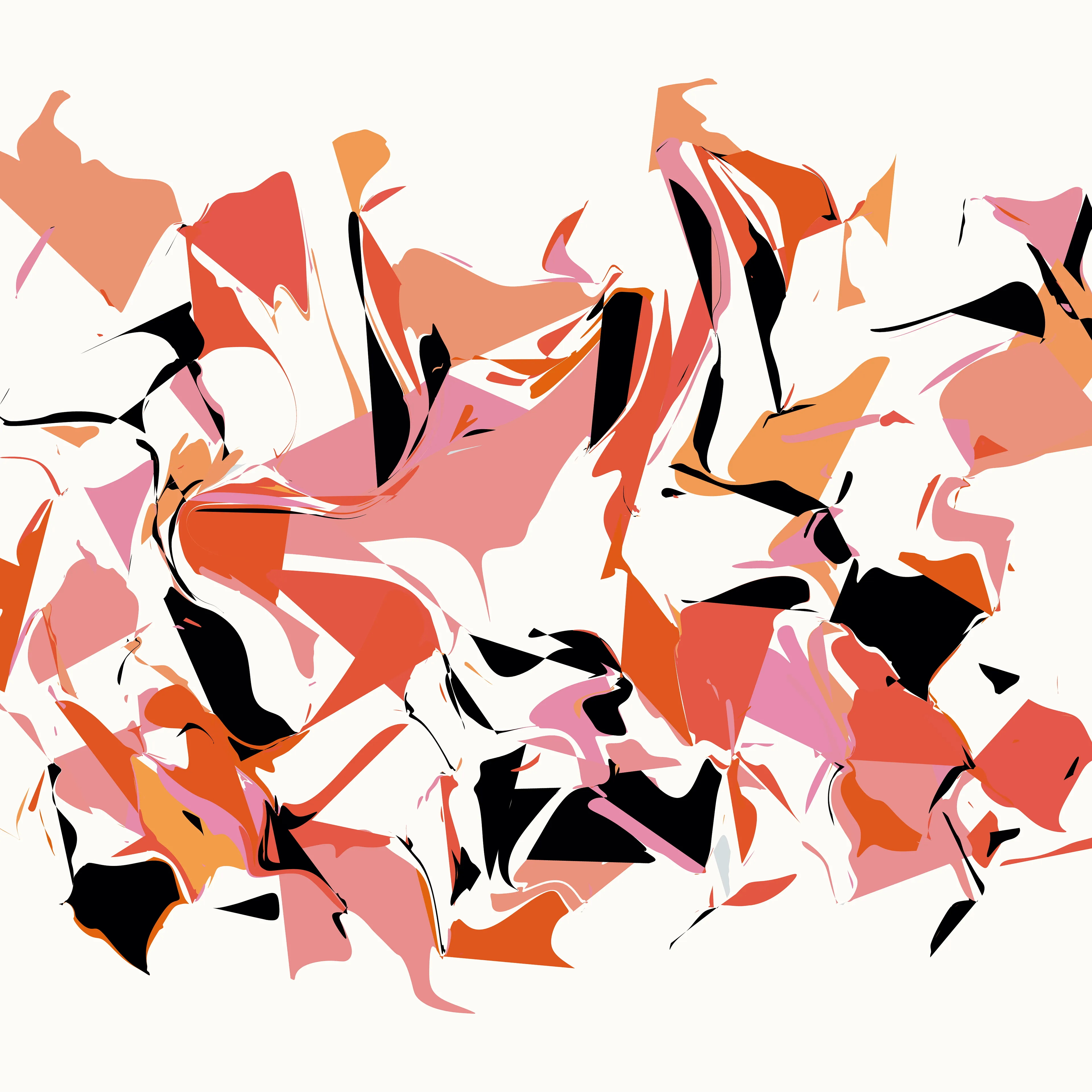 Our world is made up of near infinite examples of events that paradoxically represent both order and chaos. Chaos theory’s most famous tenant, the Butterfly Effect, explains how imperceptible changes in initial conditions can lead to massive and unpredictable differences in outcomes: how a butterfly flapping its wings weeks earlier may lead to a hurricane taking a different course.

Wander positions Rhythm & the Machine at the paradox point, building a system that visually suggests both order and chaos, striking a different balance in each composition. Saturated color fields reminiscent of paint moving through water are seemingly randomly distorted and dragged across the canvas. All the while repeating colors and evenly spaced gestures point to an underlying ordered system.

Intuitively you would not expect repeating the same thing over and over would lead to disorder, yet this is exactly what you find with many systems, such as pseudo-random number generators that are foundational to algorithmic generative art.

Through a reduced system that elevates a few “random” elements—the placement & size of colored geometric shapes, the direction & intensity of the gesture—Rhythm & the Machine introduces distortionary forces that Wander does not dictate nor completely control. Suddenly each cluster of colors takes on a life of its own, creating new forms we cannot predict.

Each work in the collection contains a second ‘instruction’ layer, which maps how the original colored shapes are placed and then distorted. This ‘instruction’ layer reminds us that chaos is in fact rooted in ordered systems. We can see the before and the after of the directional forces, how regular shapes became an abstracted color field. At the same time, the interactions are so complex and layered that trying to anticipate the future is a futile effort. We can try to understand but we cannot predict: a visual articulation of the butterfly effect. This insight is given added weight since the instruction layer is artificial and not a priori to the original digital work, where all of these functions happen simultaneously. The artist constructed it to provide the viewer this unique insight.

We see the moment of divergence, repeated not just in a single canvas but also across the collection. The wide range of possibilities alludes to infinity—a concept impossible to fully comprehend but in this reduced visual language Wander shows us a piece of it and our minds are able to begin to explore the spread if not the edges.