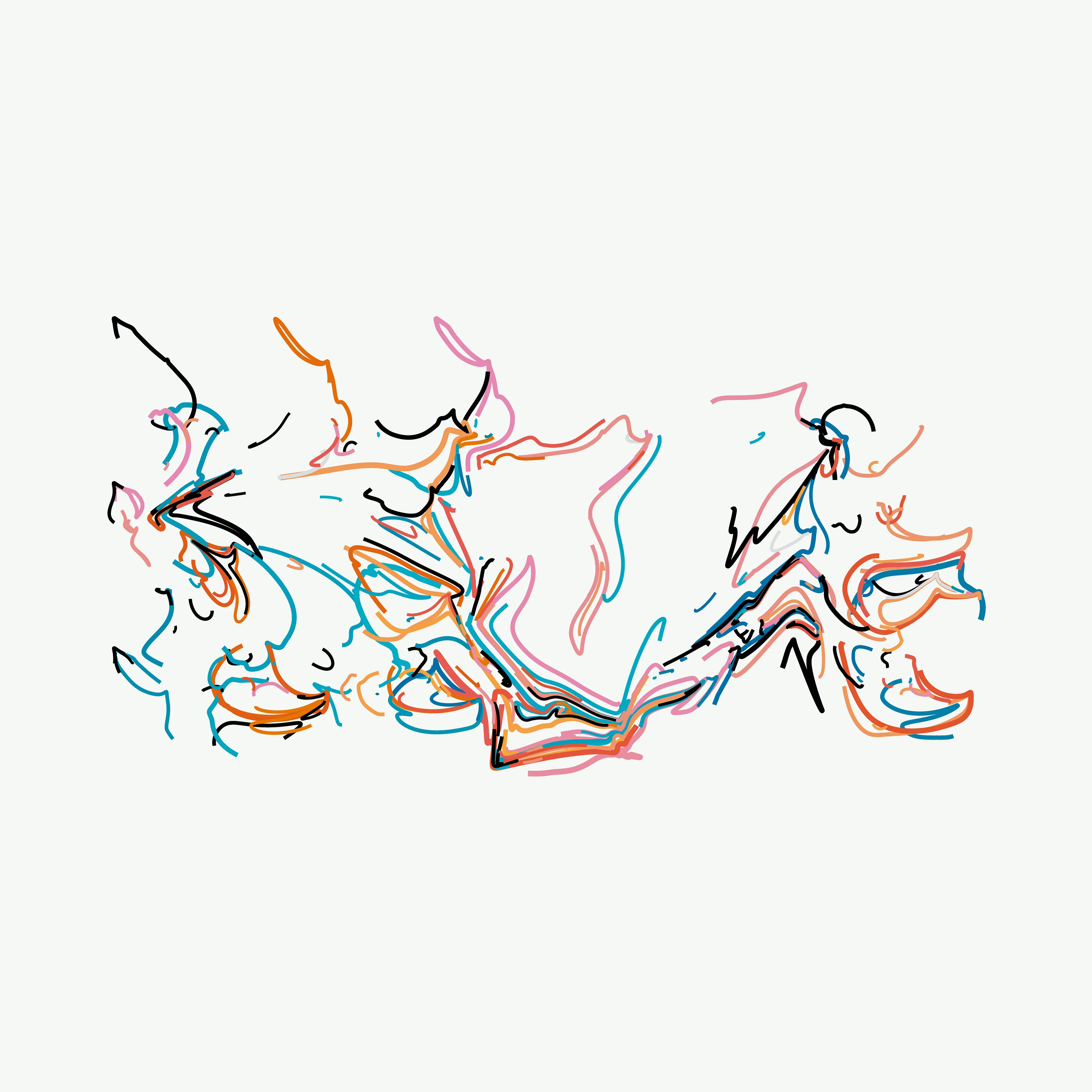 Our world is made up of near infinite examples of events that paradoxically represent both order and chaos. Chaos theory’s most famous tenant, the Butterfly Effect, explains how imperceptible changes in initial conditions can lead to massive and unpredictable differences in outcomes: how a butterfly flapping its wings weeks earlier may lead to a hurricane taking a different course.

Wander positions Rhythm & the Machine at the paradox point, building a system that visually suggests both order and chaos, striking a different balance in each composition. Saturated color fields reminiscent of paint moving through water are seemingly randomly distorted and dragged across the canvas. All the while repeating colors and evenly spaced gestures point to an underlying ordered system.

Intuitively you would not expect repeating the same thing over and over would lead to disorder, yet this is exactly what you find with many systems, such as pseudo-random number generators that are foundational to algorithmic generative art.

Through a reduced system that elevates a few “random” elements—the placement & size of colored geometric shapes, the direction & intensity of the gesture—Rhythm & the Machine introduces distortionary forces that Wander does not dictate nor completely control. Suddenly each cluster of colors takes on a life of its own, creating new forms we cannot predict.

Each work in the collection contains a second ‘instruction’ layer, which maps how the original colored shapes are placed and then distorted. This ‘instruction’ layer reminds us that chaos is in fact rooted in ordered systems. We can see the before and the after of the directional forces, how regular shapes became an abstracted color field. At the same time, the interactions are so complex and layered that trying to anticipate the future is a futile effort. We can try to understand but we cannot predict: a visual articulation of the butterfly effect. This insight is given added weight since the instruction layer is artificial and not a priori to the original digital work, where all of these functions happen simultaneously. The artist constructed it to provide the viewer this unique insight.

We see the moment of divergence, repeated not just in a single canvas but also across the collection. The wide range of possibilities alludes to infinity—a concept impossible to fully comprehend but in this reduced visual language Wander shows us a piece of it and our minds are able to begin to explore the spread if not the edges.